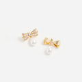 Gold Crystal Bow Pearl Droplet Earrings