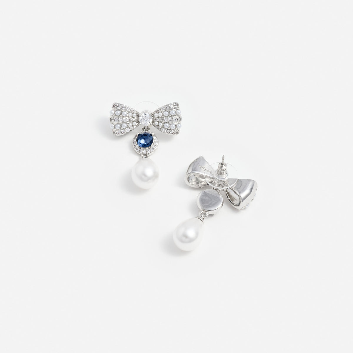 Silver Crystal Bow Blue Pearl Droplet Earrings