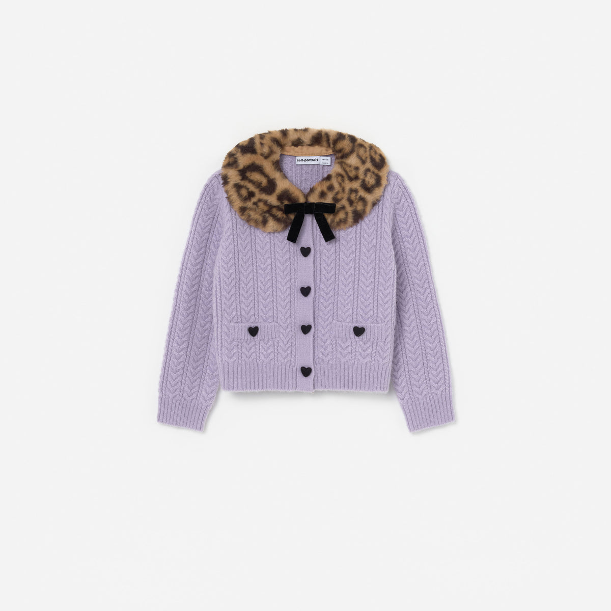 Purple Cable Knit Printed Fur Collar Cardigan