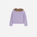 Purple Cable Knit Printed Fur Collar Cardigan