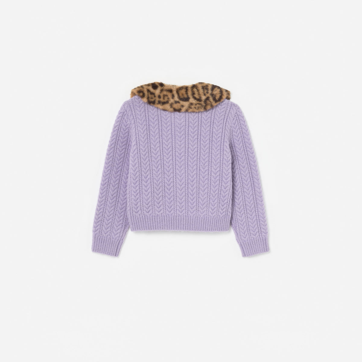 Purple Cable Knit Printed Fur Collar Cardigan