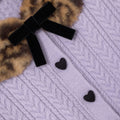 Purple Cable Knit Printed Fur Collar Cardigan
