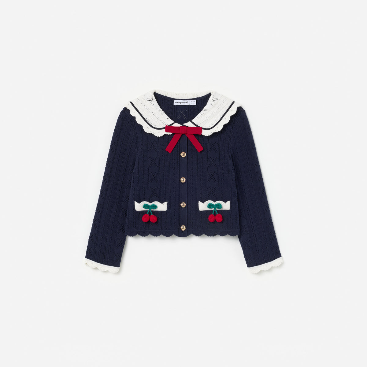 Navy Pointelle Knit Cherry Cardigan