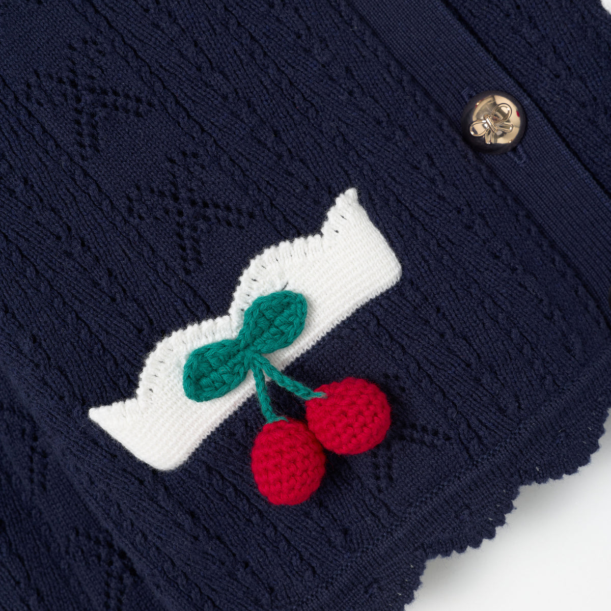 Navy Pointelle Knit Cherry Cardigan