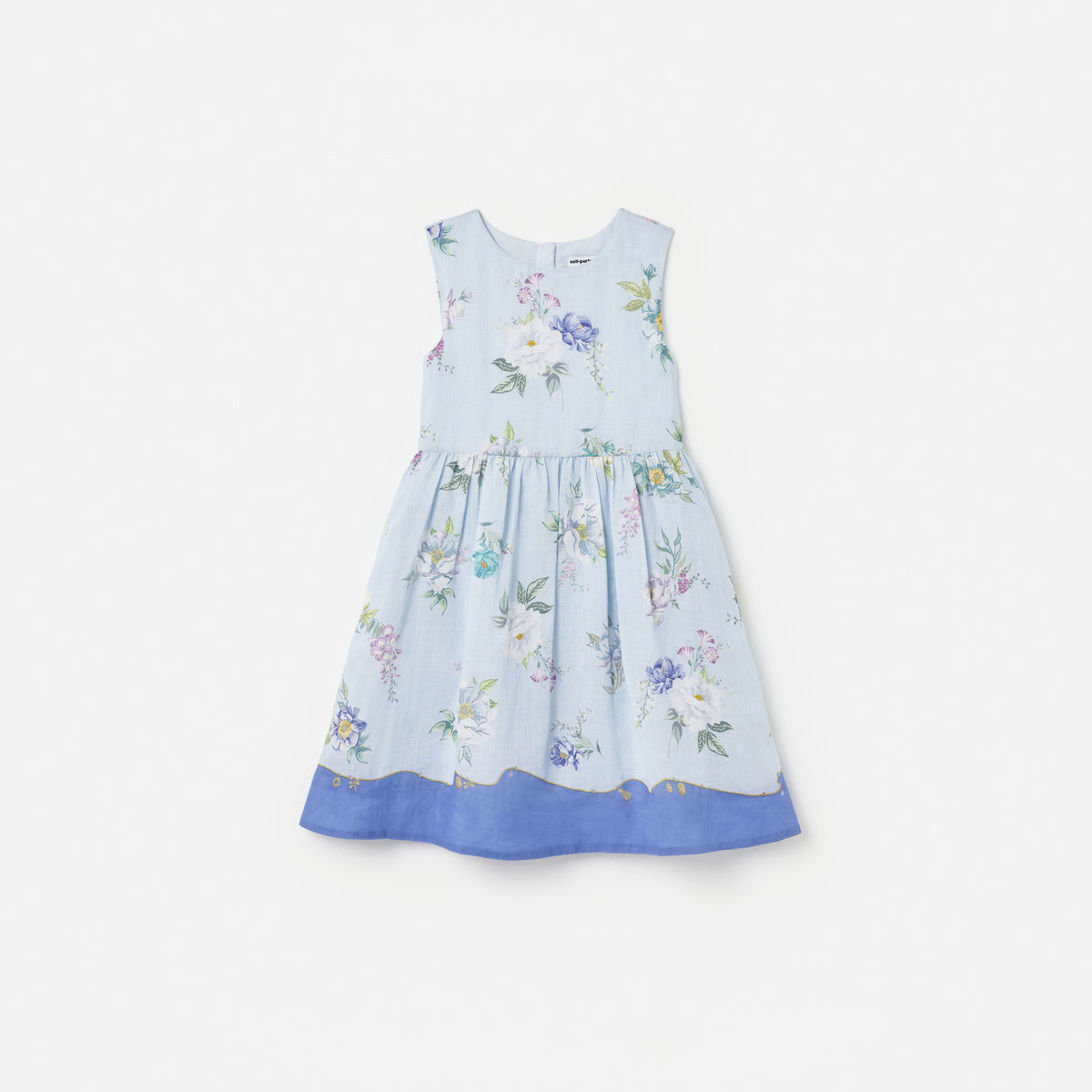 Blue Floral Printed Sleeveless Ramie Dress