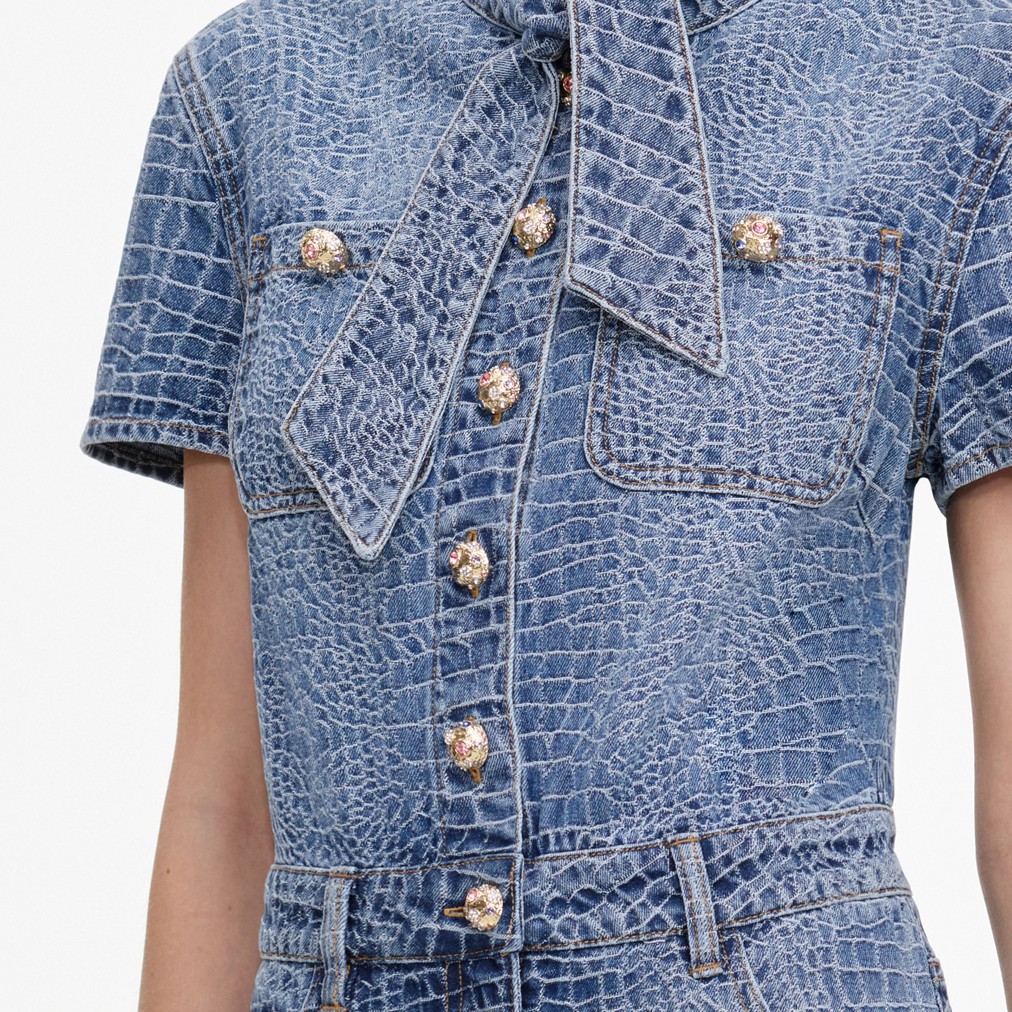 Croc Denim Tie Neck Mini Dress