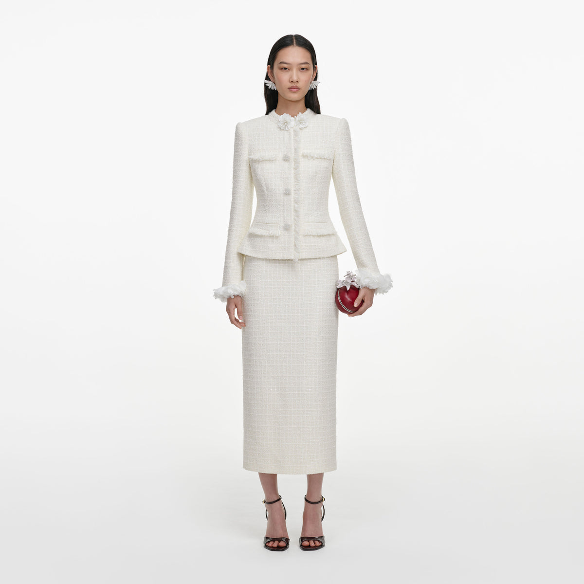Cream Boucle Flower Midi Dress