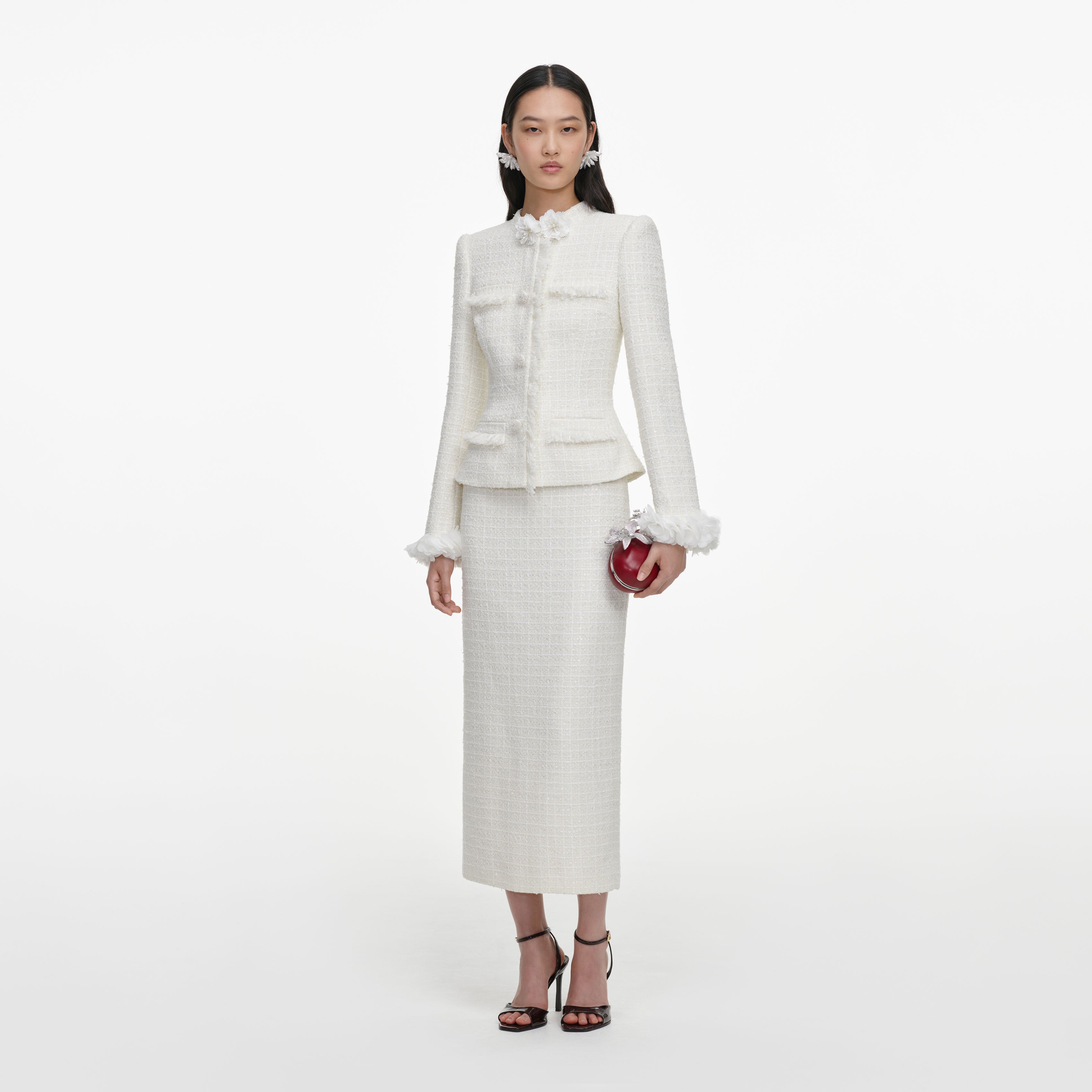 Cream Boucle Flower Midi Dress