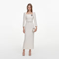 Cream Tailored Boucle Brooch Midi Dress