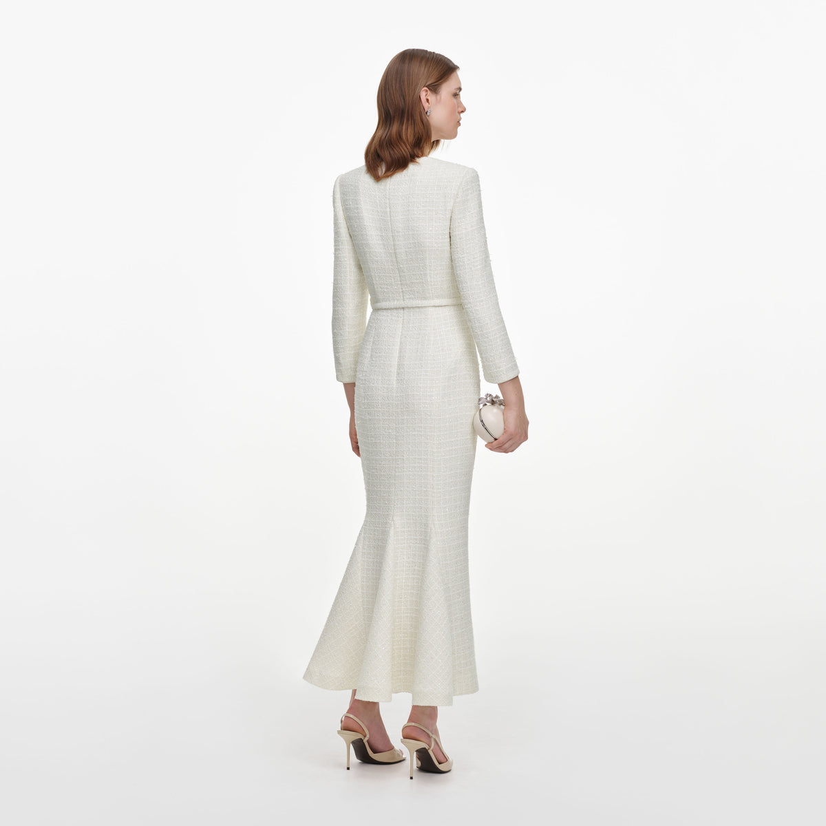Cream Tailored Boucle Brooch Midi Dress