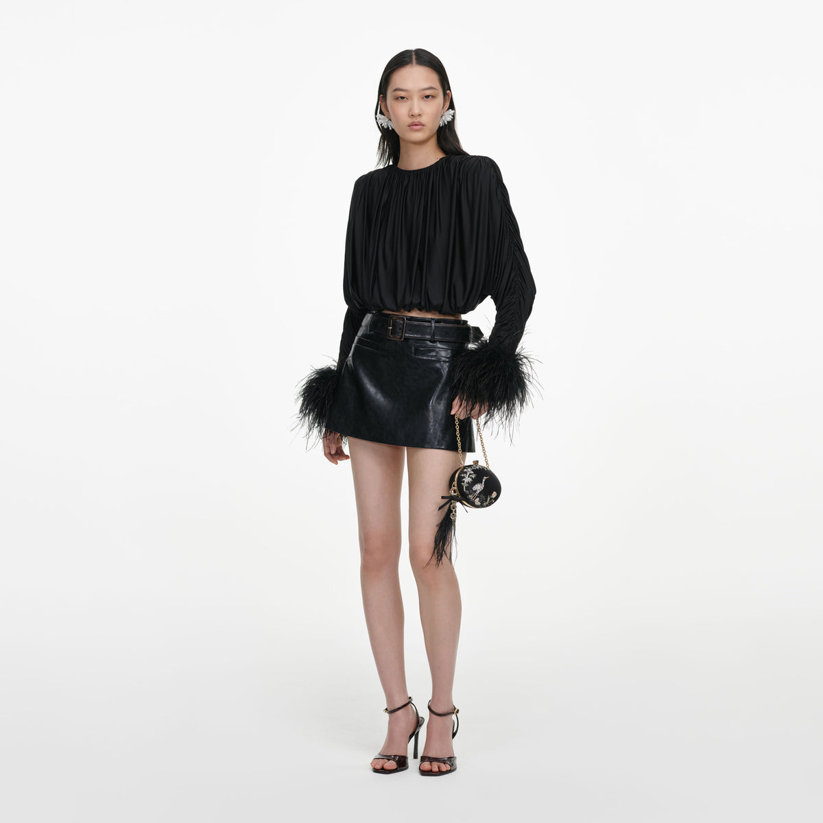 Black Jersey Gathered Feather Top