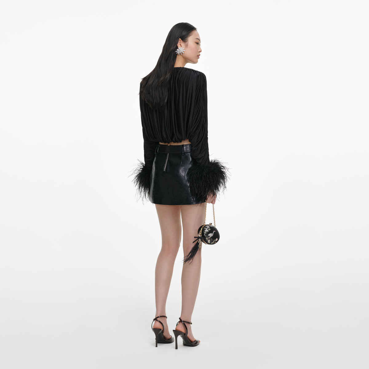 Black Jersey Gathered Feather Top