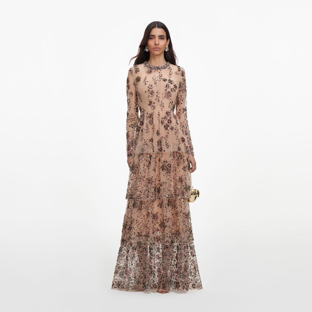 Beige Sequin Embellished Tiered Maxi Dress