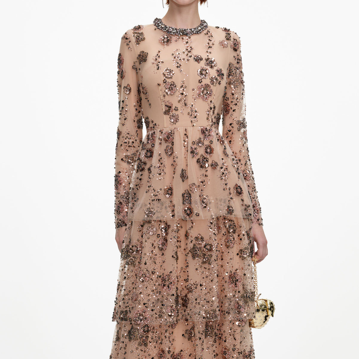 Beige Sequin Embellished Tiered Maxi Dress