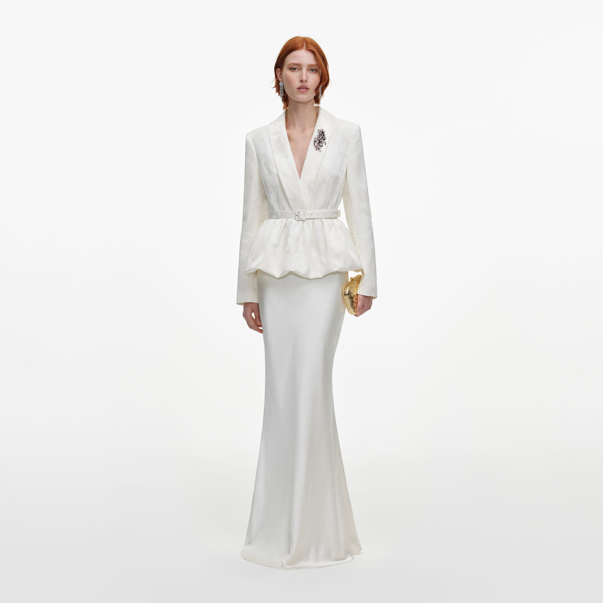 Front view of a woman wearing the Cream Jacquard Tailored Maxi Dress