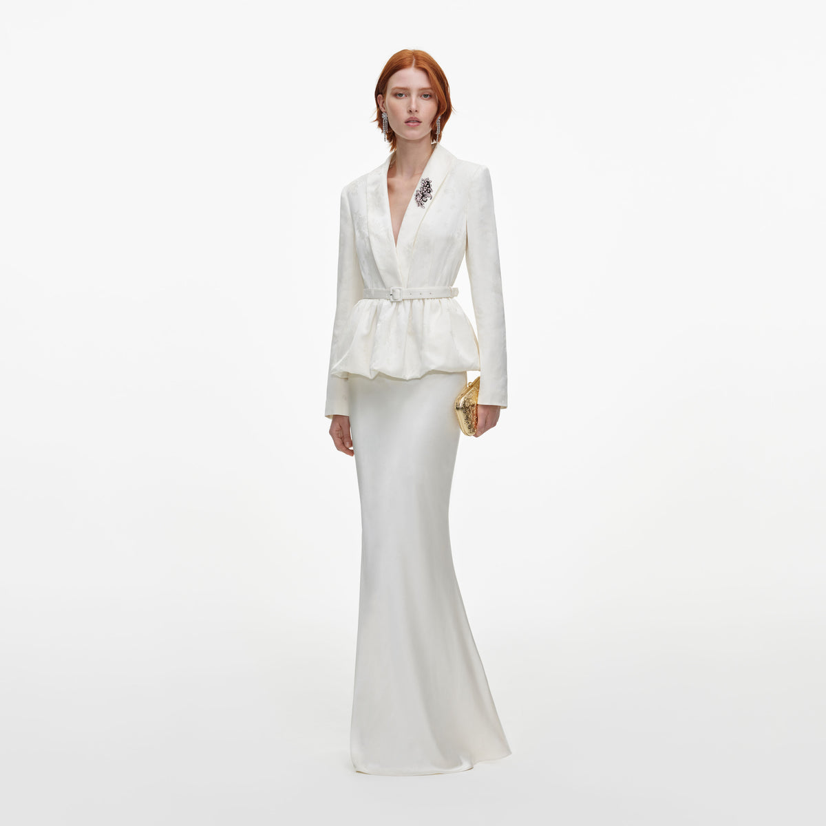Side view of a woman wearing the Cream Jacquard Tailored Maxi Dress
