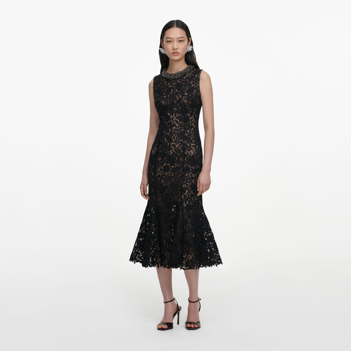 Black Lace Beaded Trim Midi Dress