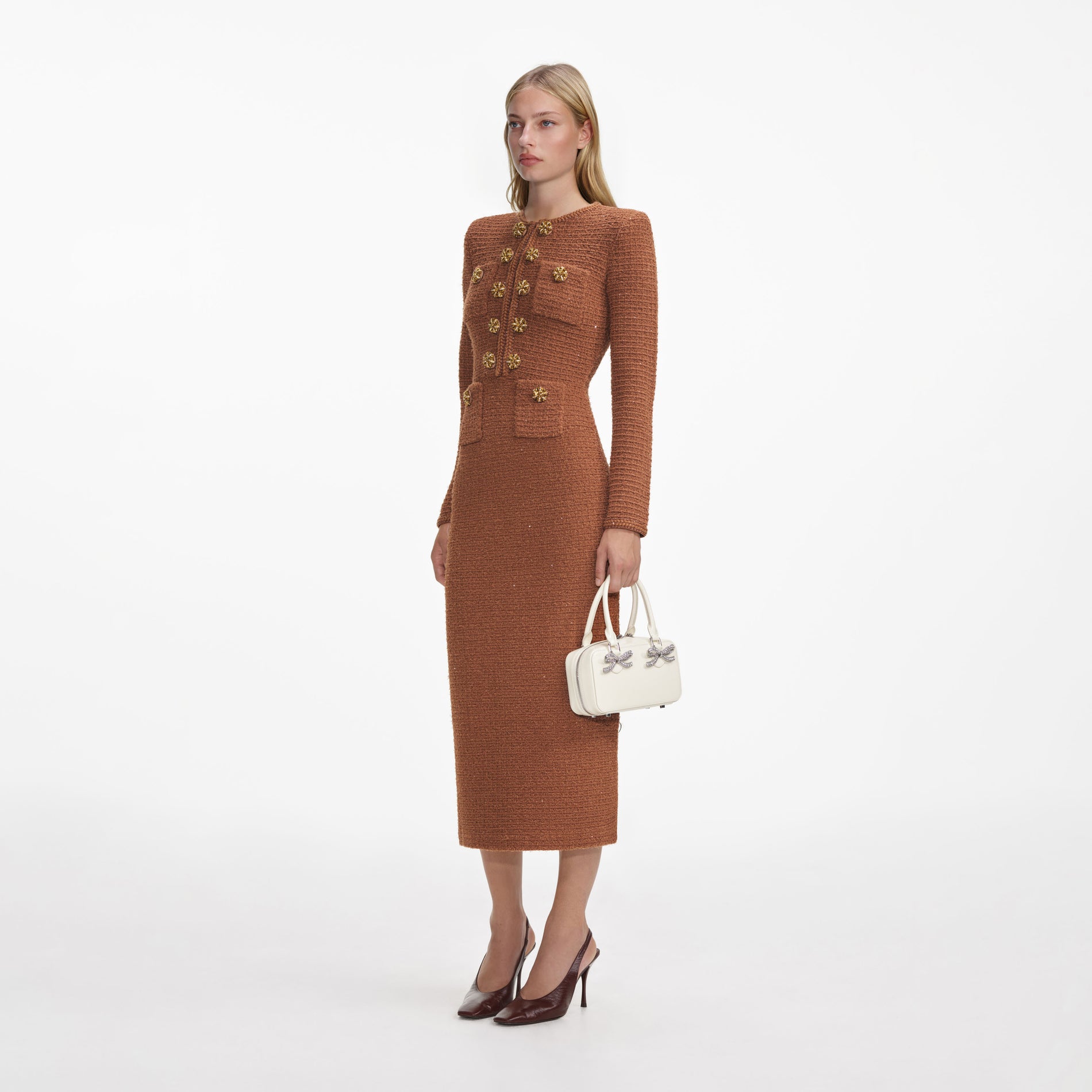Brown Textured Knit Midi Dress