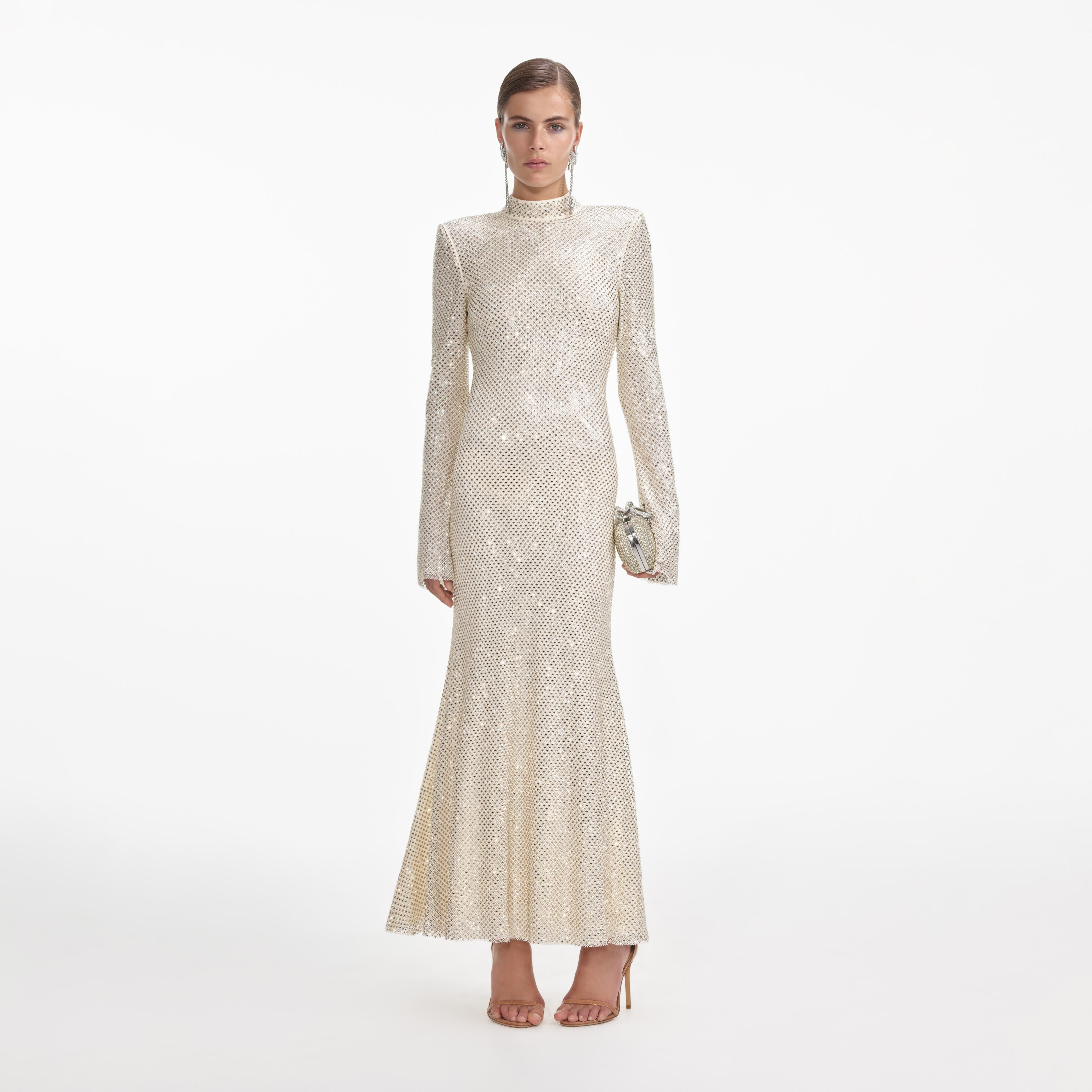 크림 스퀘어 라인스톤 피쉬넷 미디 드레스