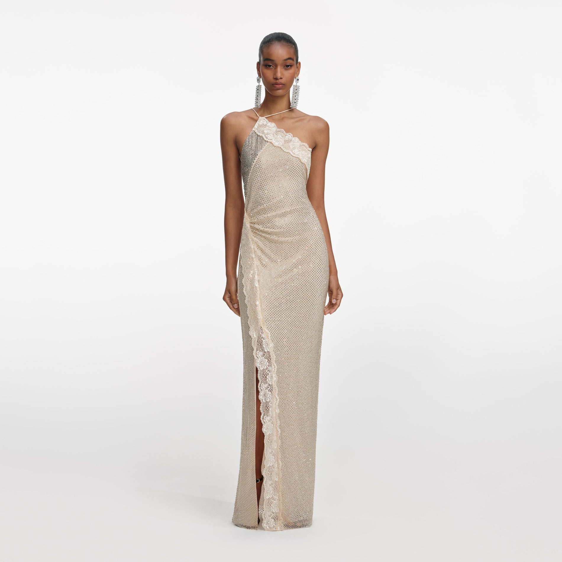 Front view of a woman wearing the Champagne Rhinestone Lace Trim Maxi Dress