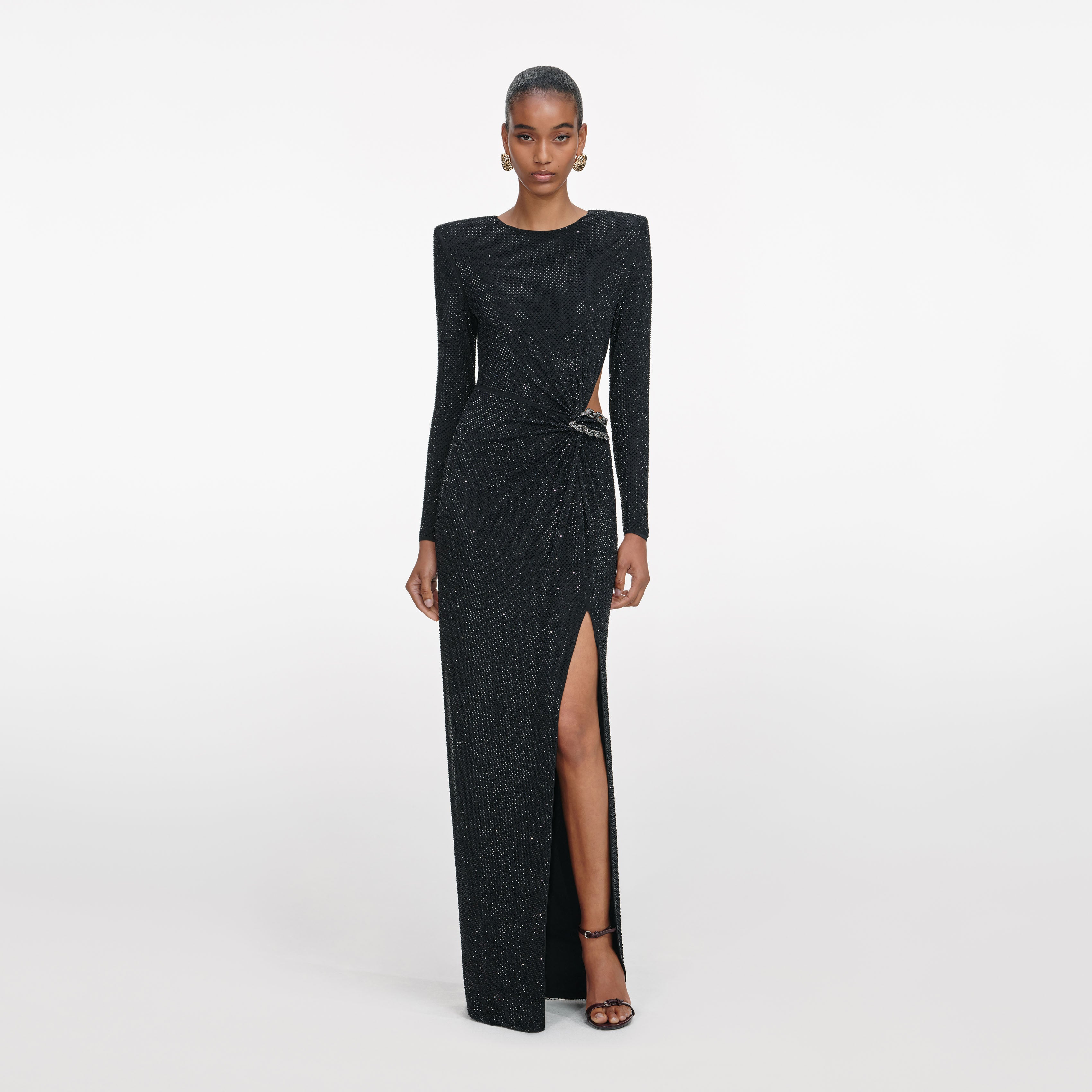 self portrait black rhinestone mesh long sleeve midi dress self-portrait - Black Rhinestone Mesh Cut Out Maxi Dress