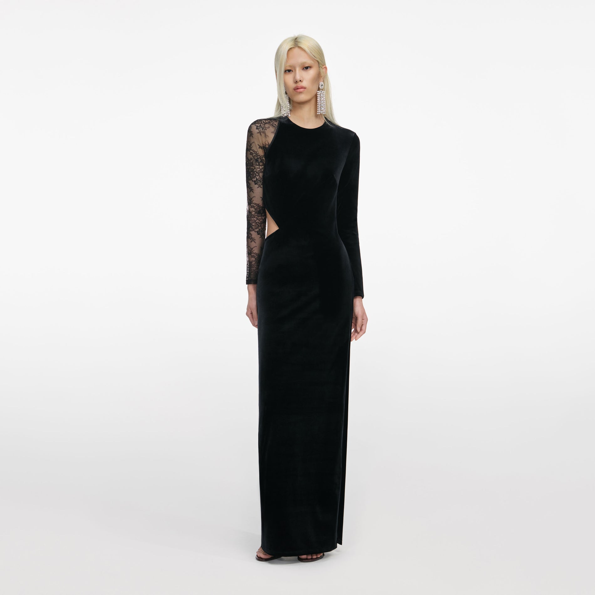 Front view of a woman wearing the Black Velvet Lace Maxi Dress