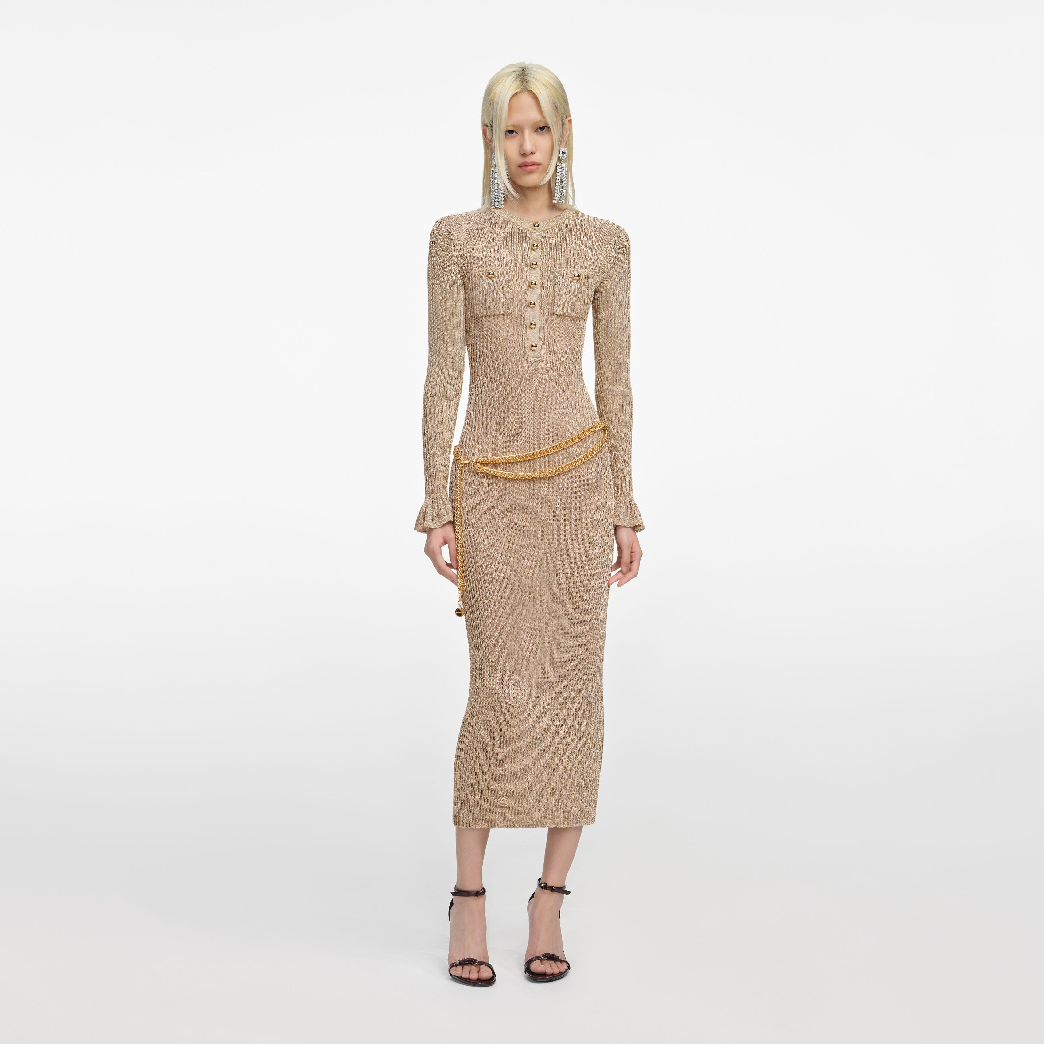 Gold Lurex Ribbed Knit Midi Dress – self-portrait