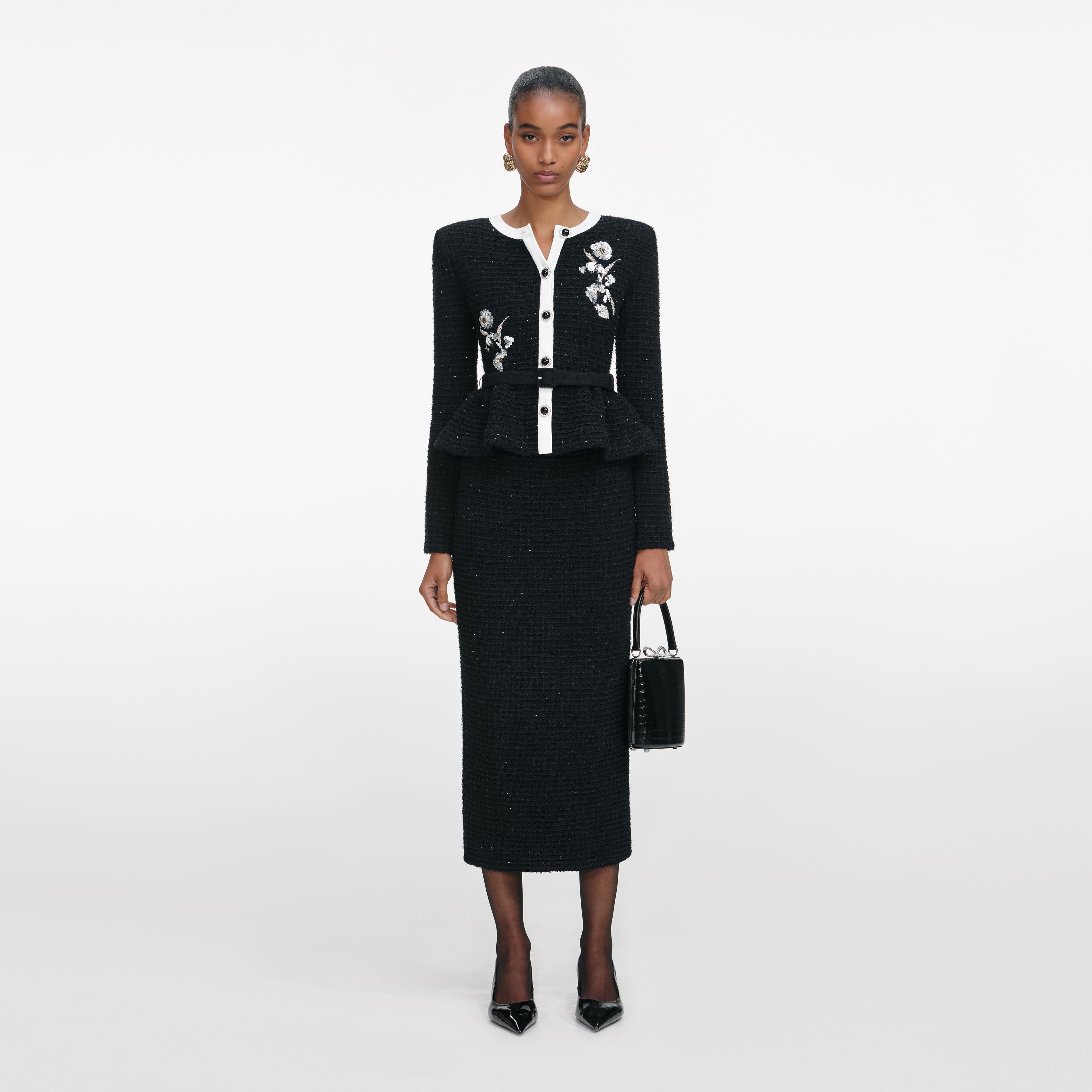 Black Floral Textured Knit Midi Dress