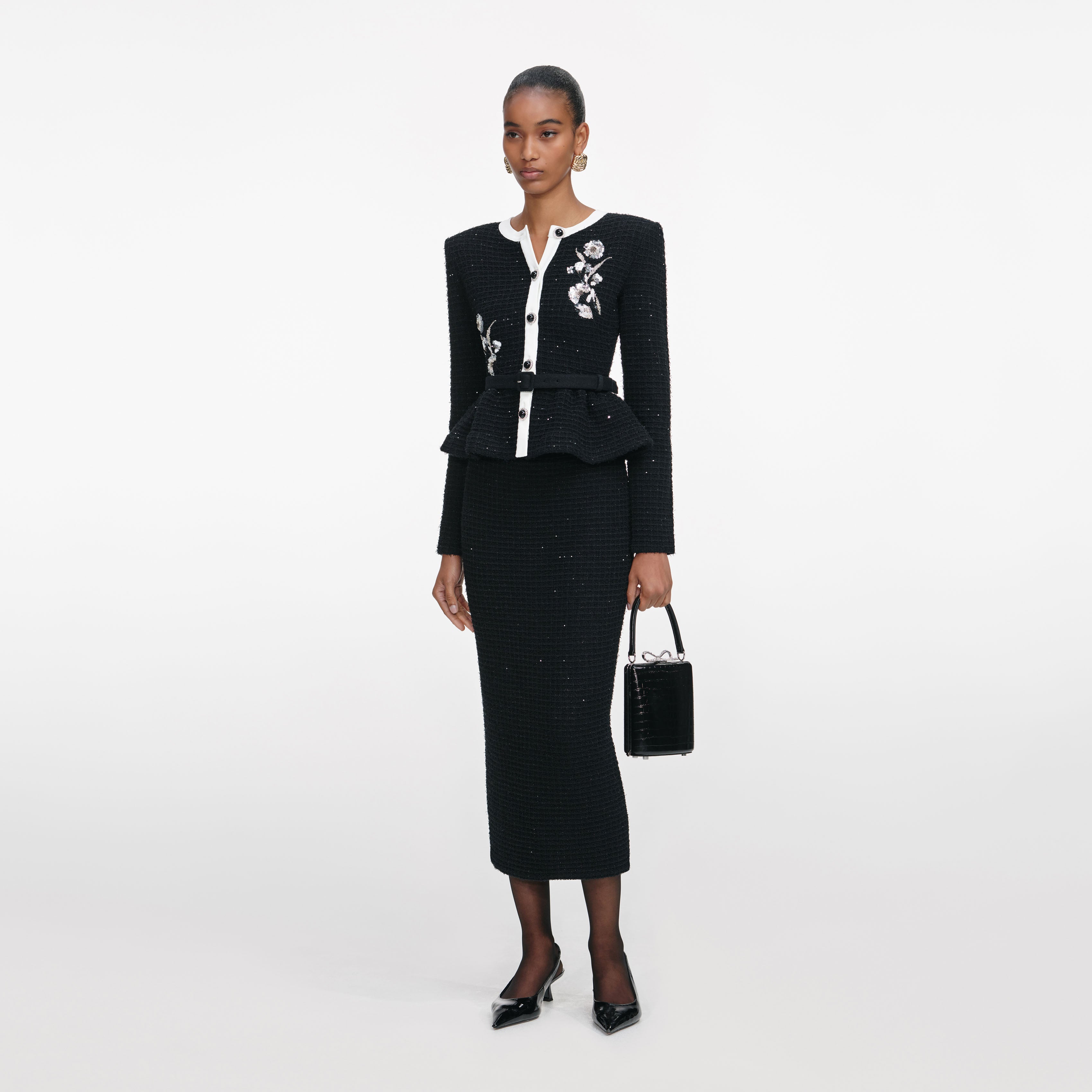 Black Floral Textured Knit Midi Dress