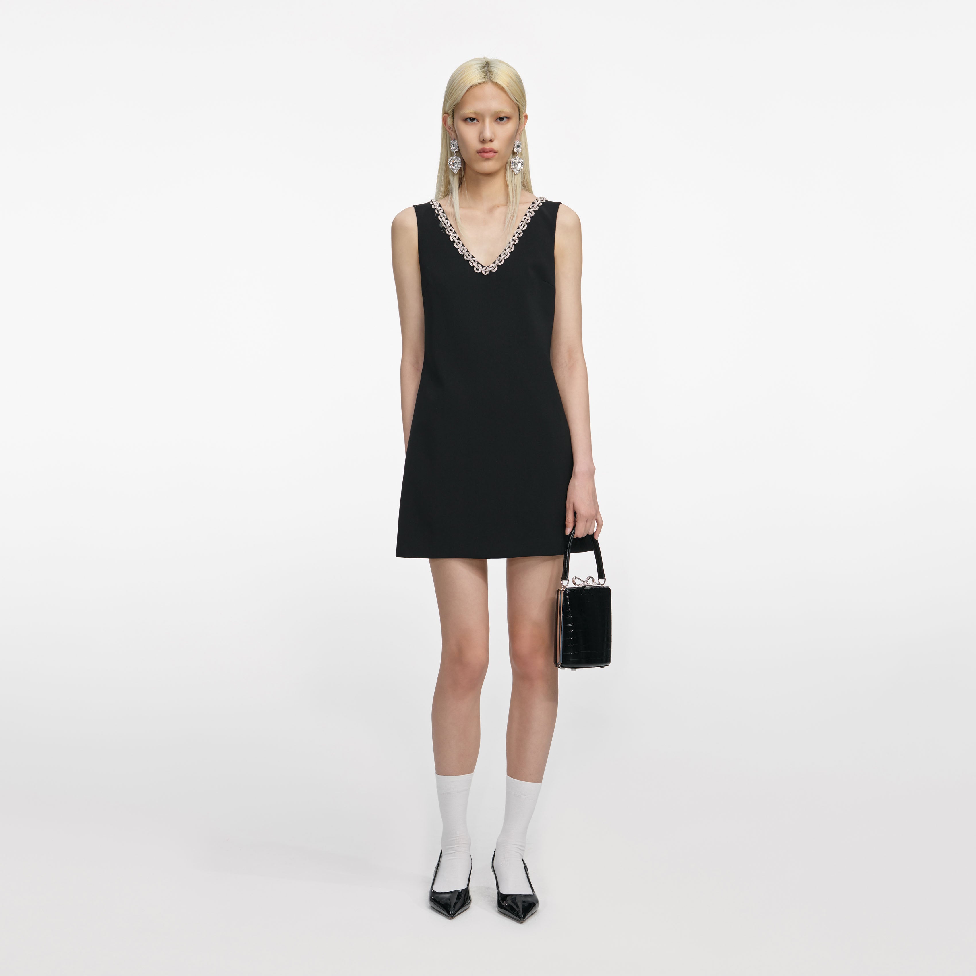 Black Crepe Crystal Trim Mini Dress – self-portrait