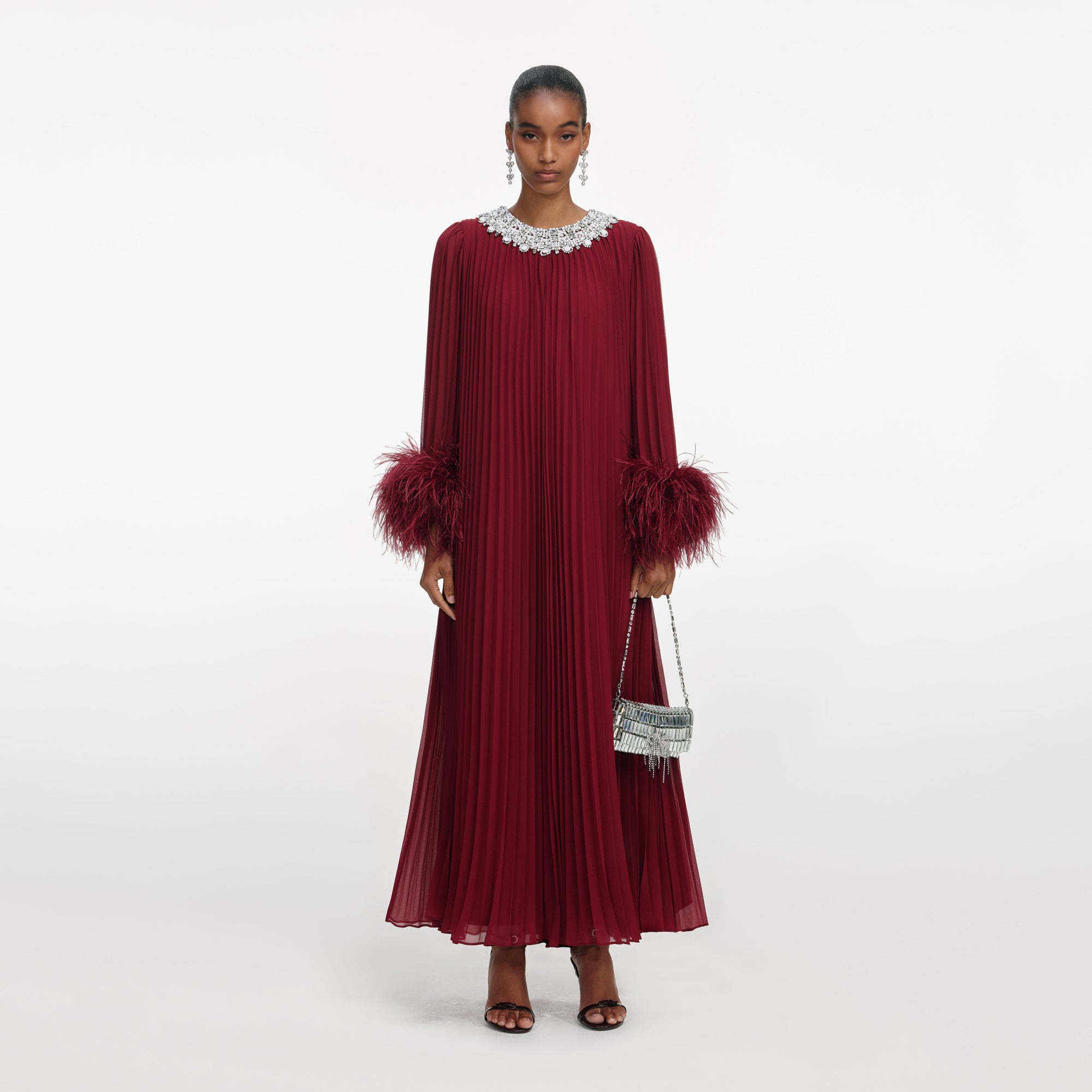 Front view of a woman wearing the Burgundy Chiffon Feather Midi Dress