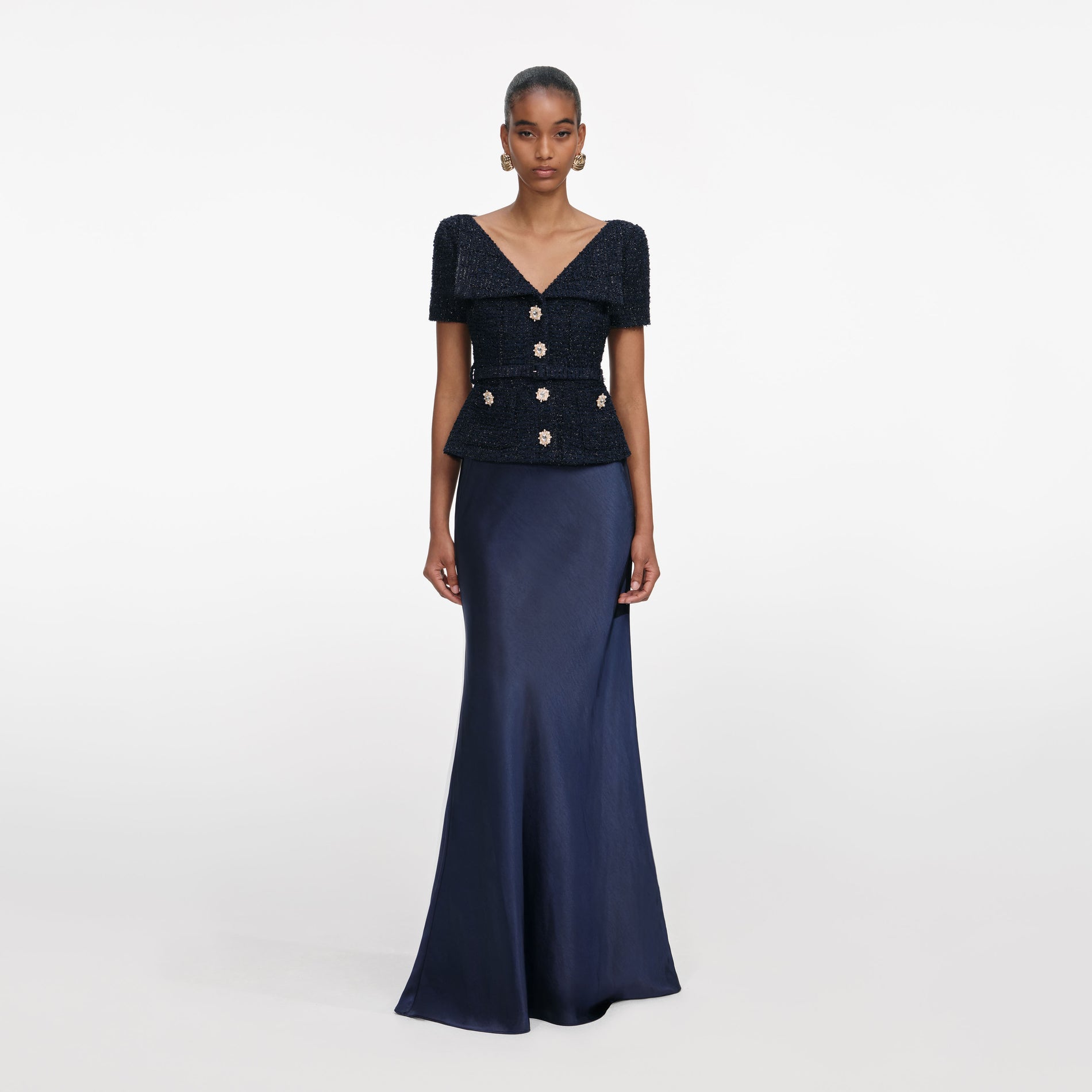 Front view of a woman wearing the Navy Boucle Tailored Maxi Dress