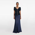 Navy Boucle Tailored Maxi Dress