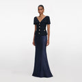 Navy Boucle Tailored Maxi Dress