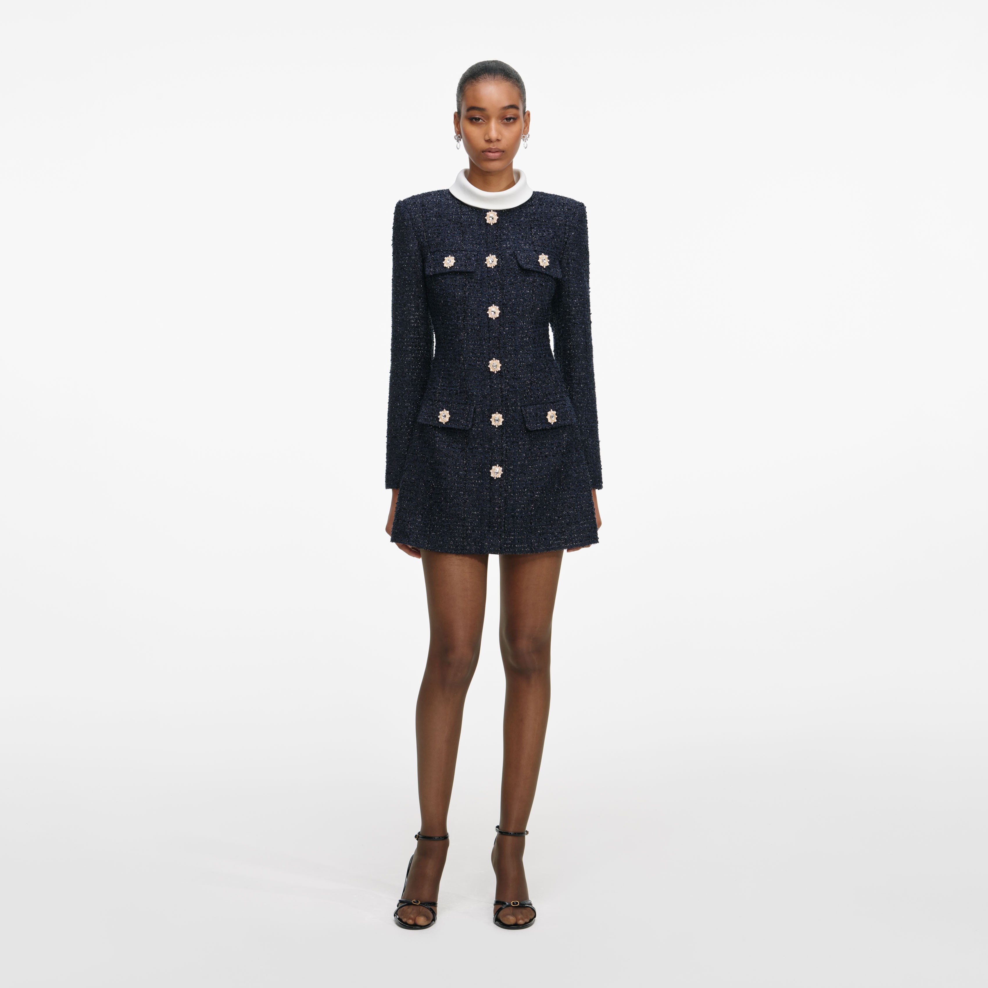 Navy Boucle Long Sleeve Mini Dress self-portrait Navy Boucle Long Sleeve Mini Dress self-portrait