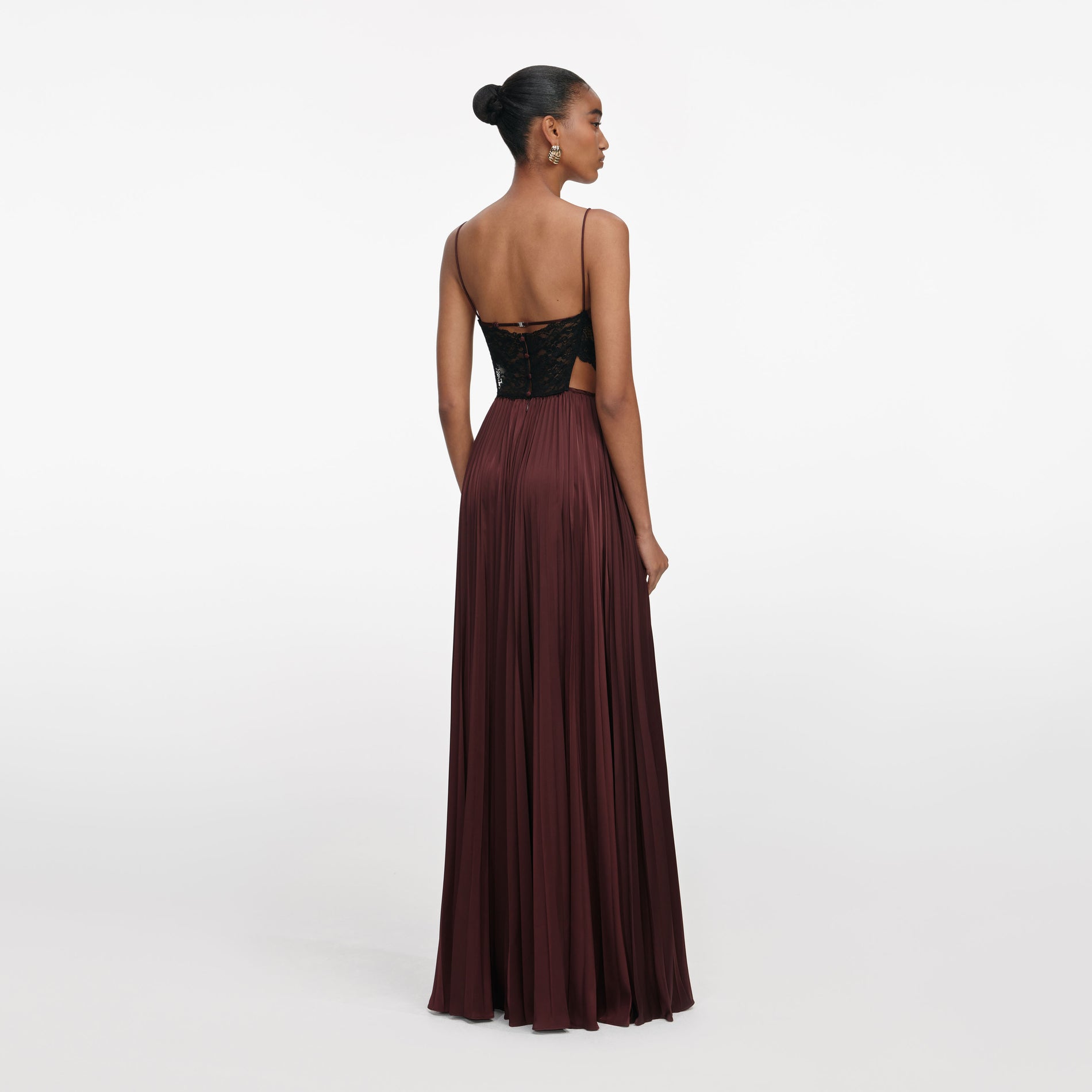 Back view of a woman wearing the Brown Satin Lace Maxi Dress
