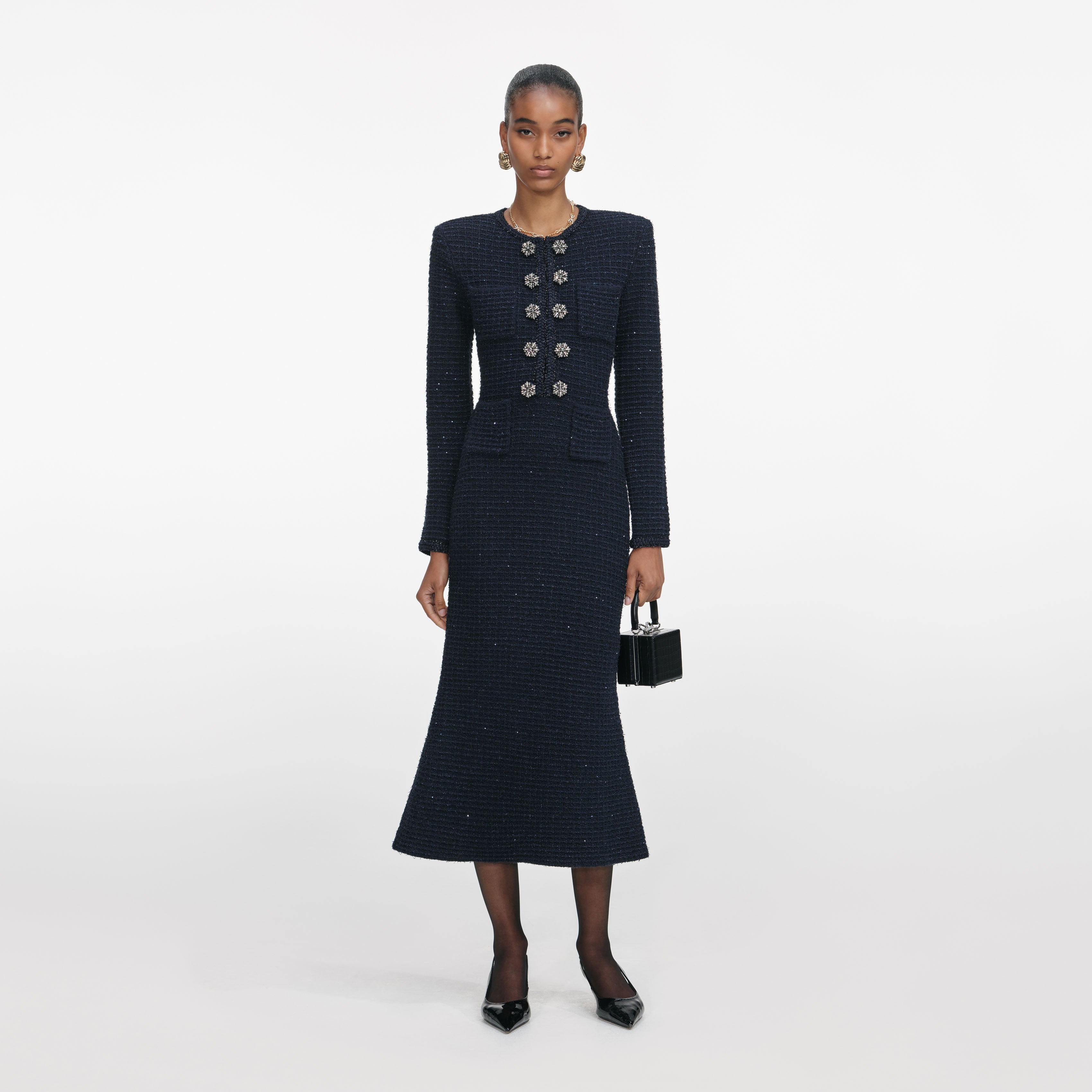 Navy Textured Knit Midi Dress – self-portrait