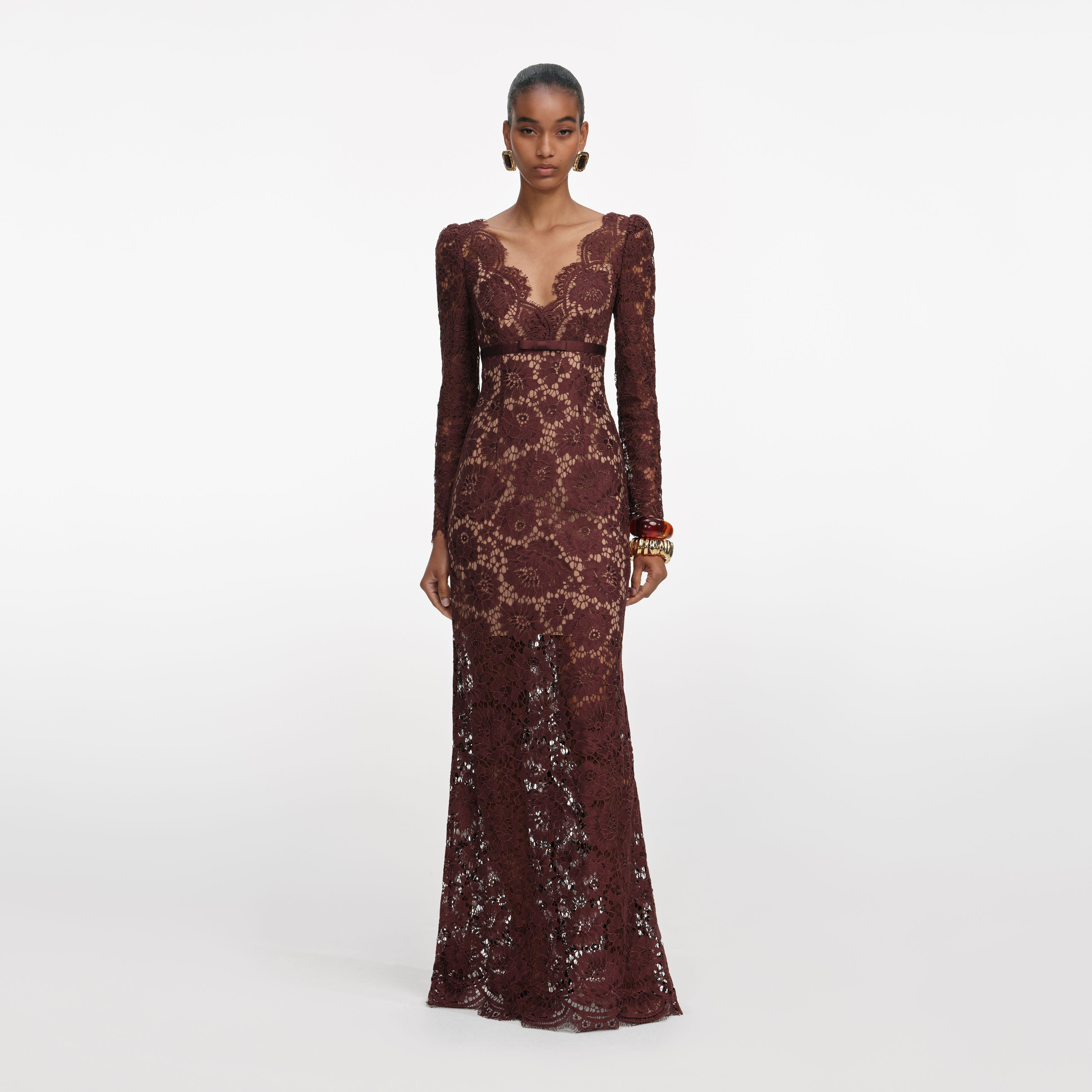 Brown Floral Lace Maxi Dress