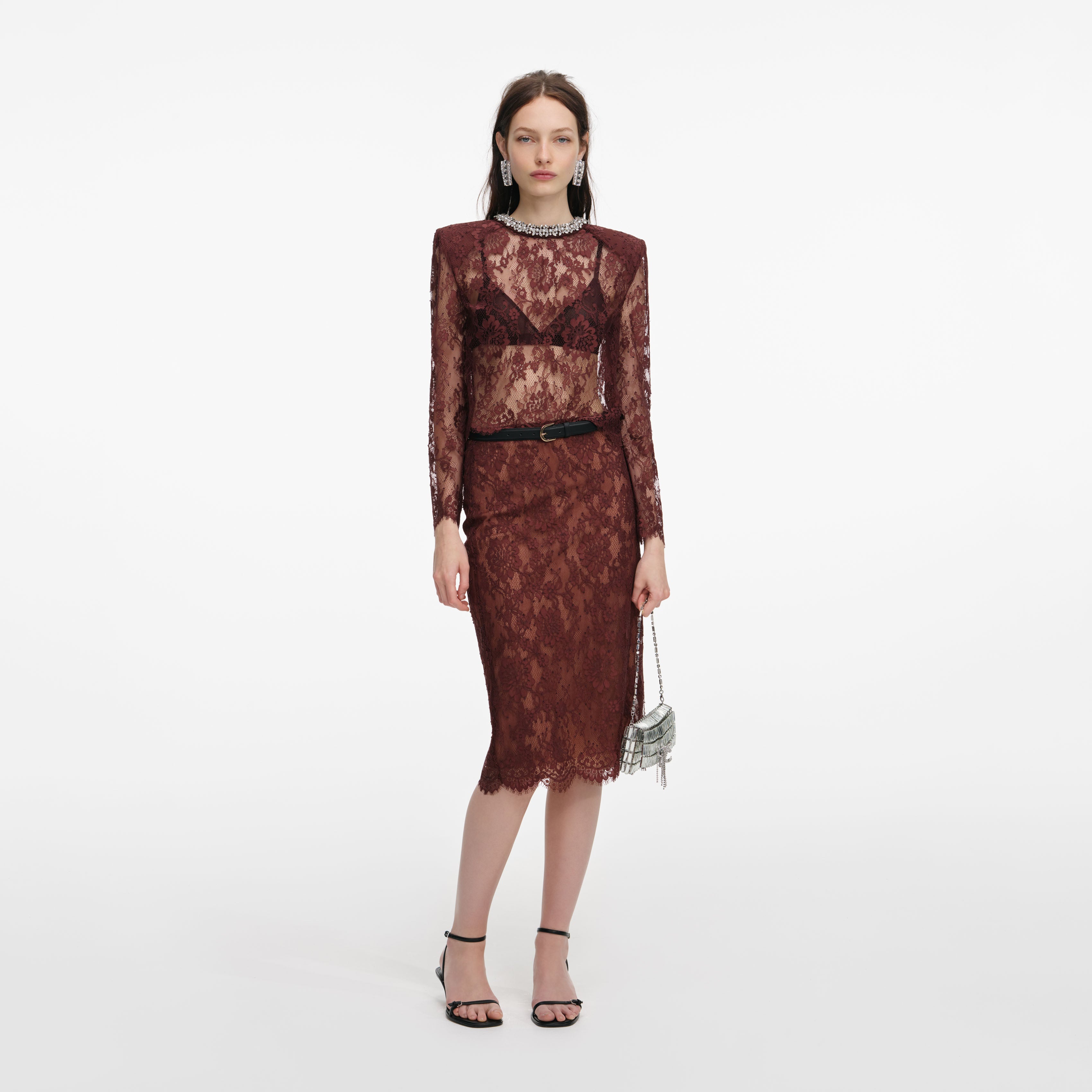 Brown Floral Lace Midi Skirt – self-portrait display picture 1
