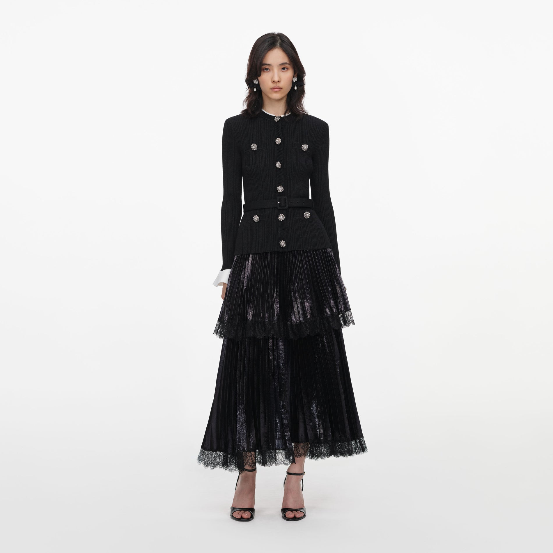 Front view of a woman wearing the Black Knit Metallic Chiffon Midi Dress