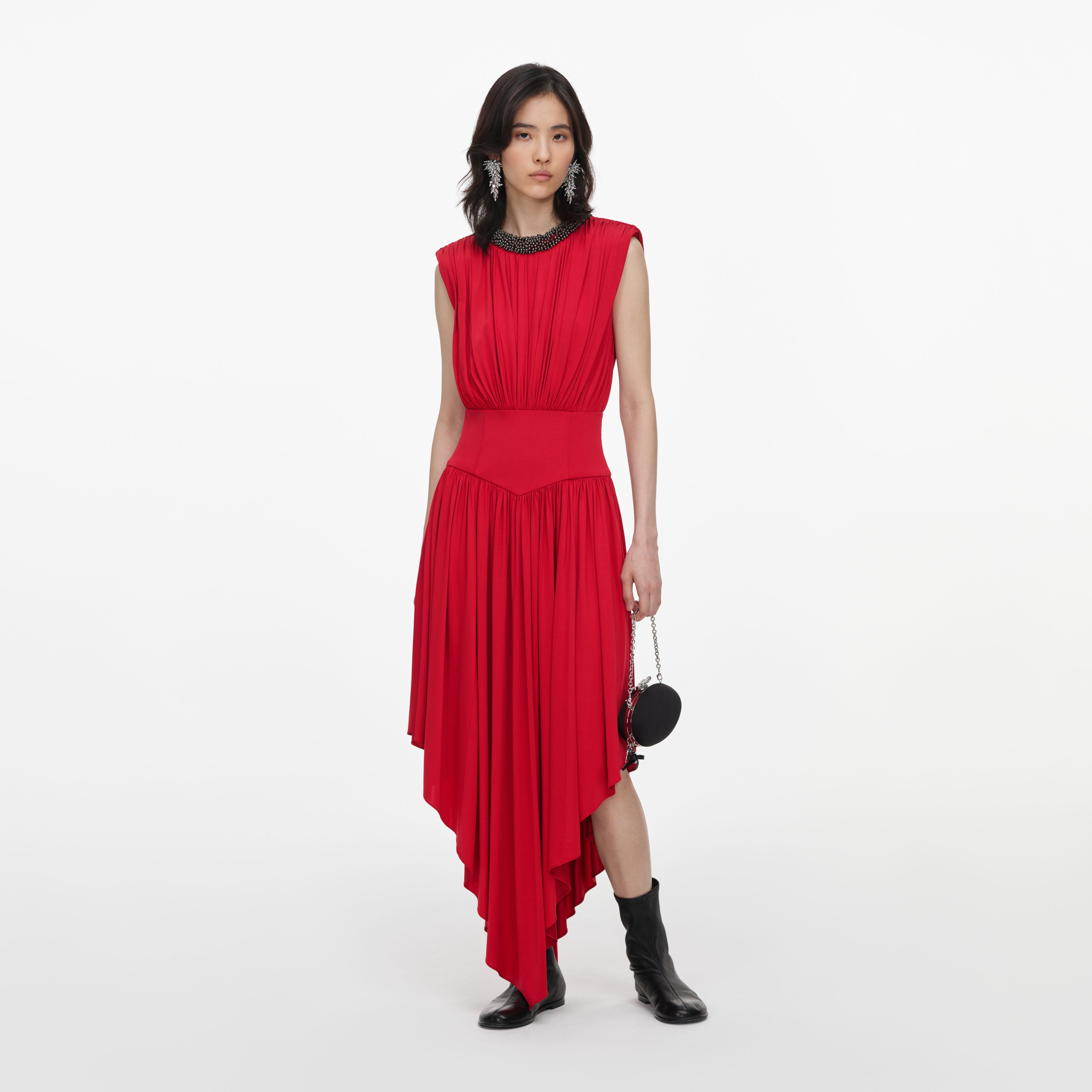 Red Jersey Drape Asymmetric Midi Dress