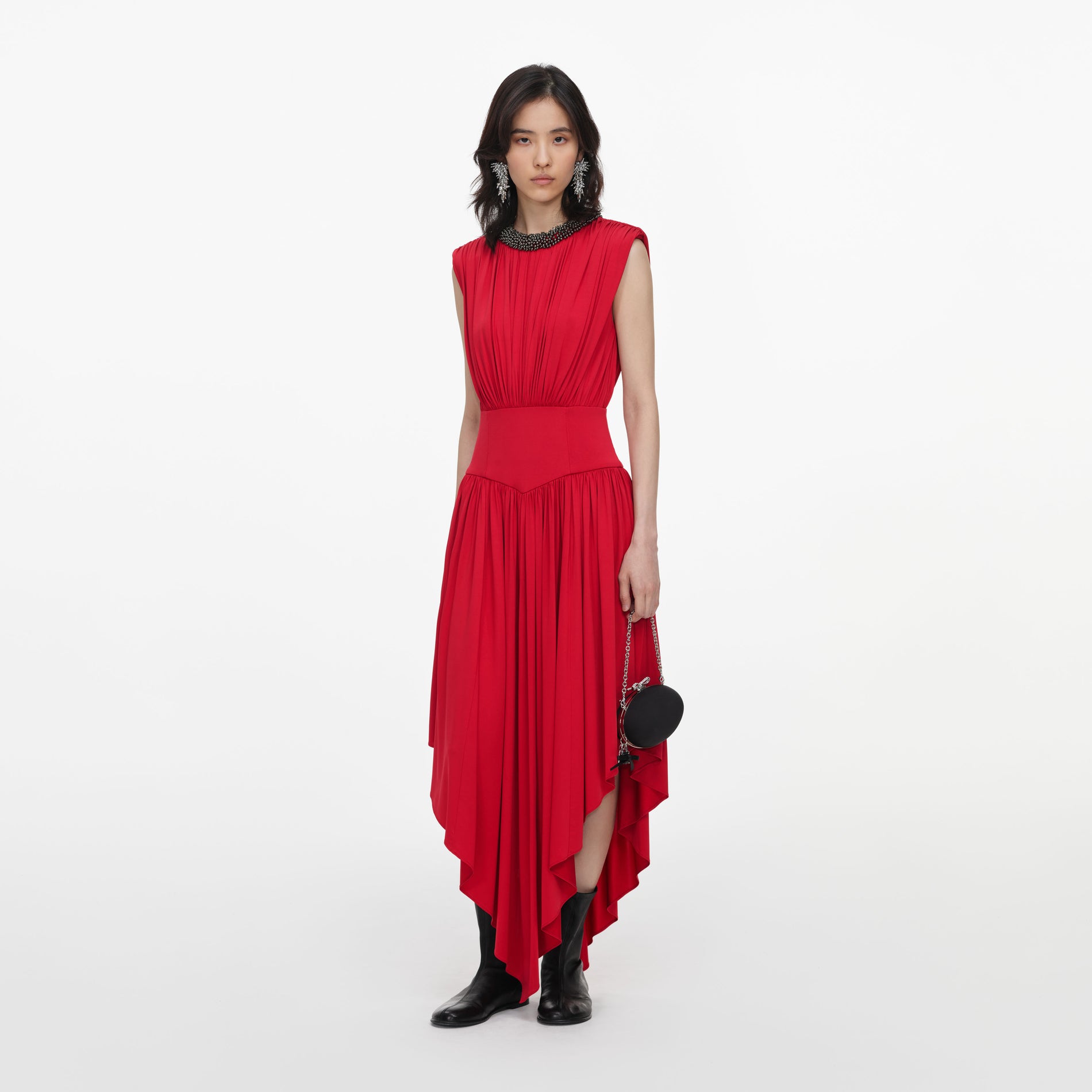 Red Jersey Drape Asymmetric Midi Dress