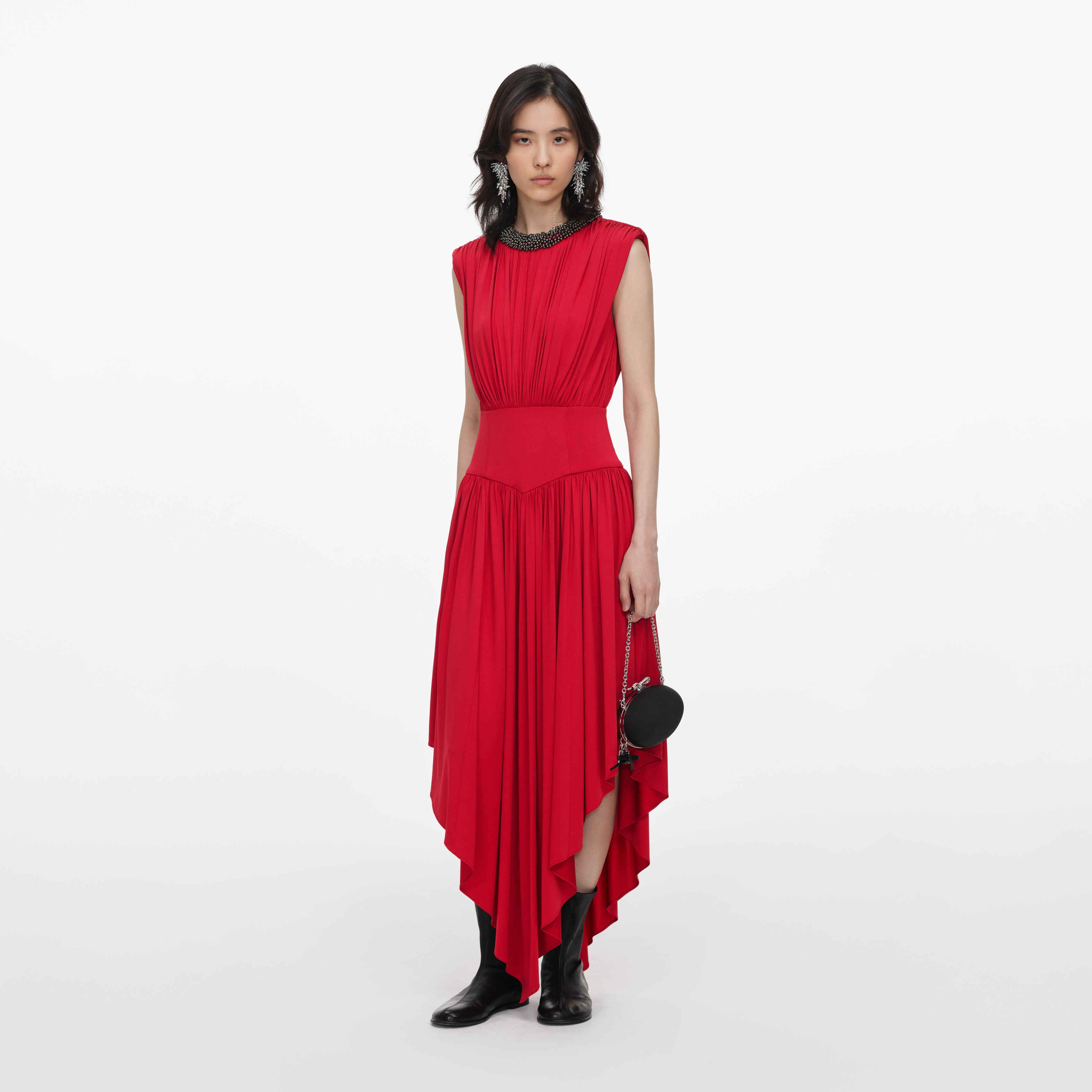 Red Jersey Drape Asymmetric Midi Dress