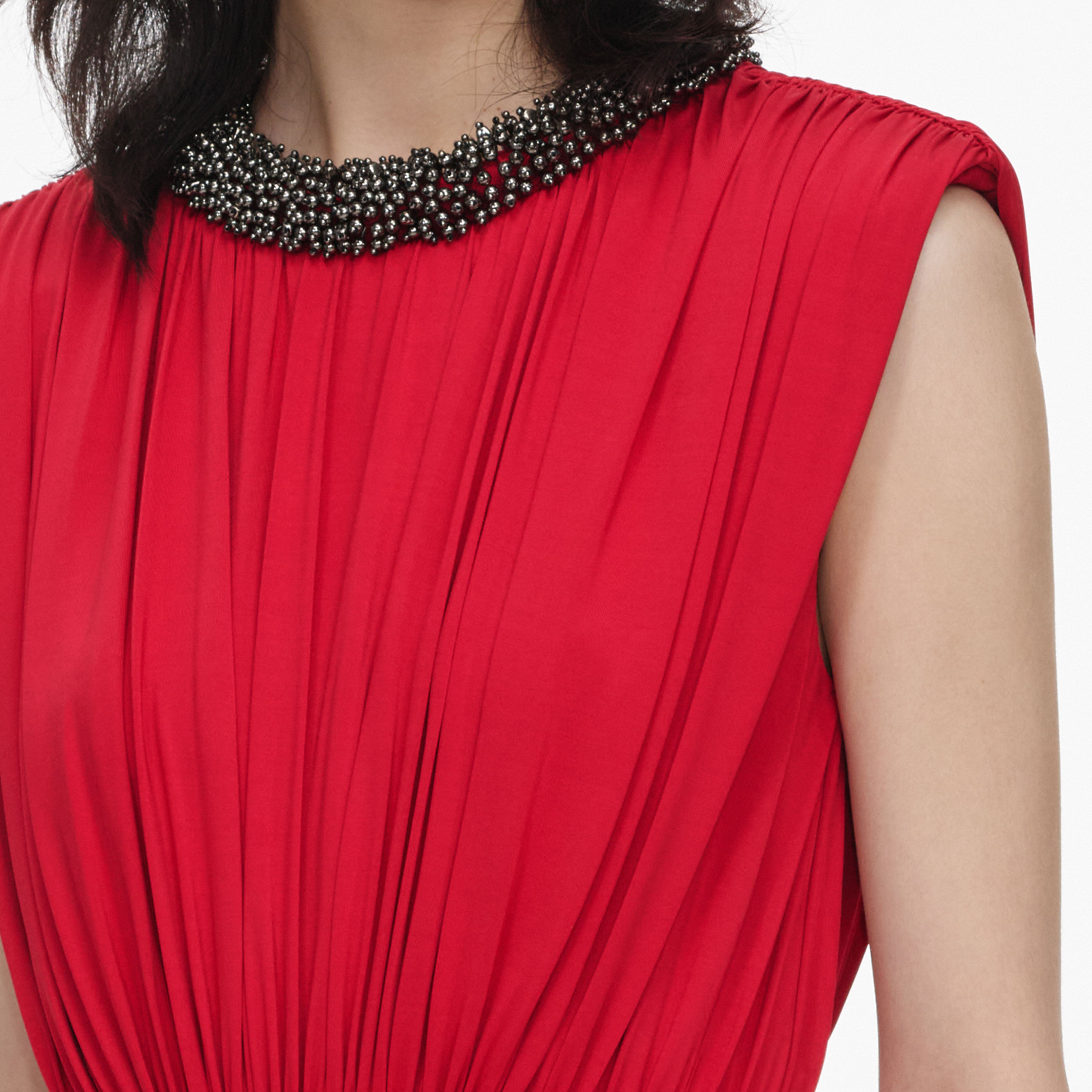 Red Jersey Drape Asymmetric Midi Dress