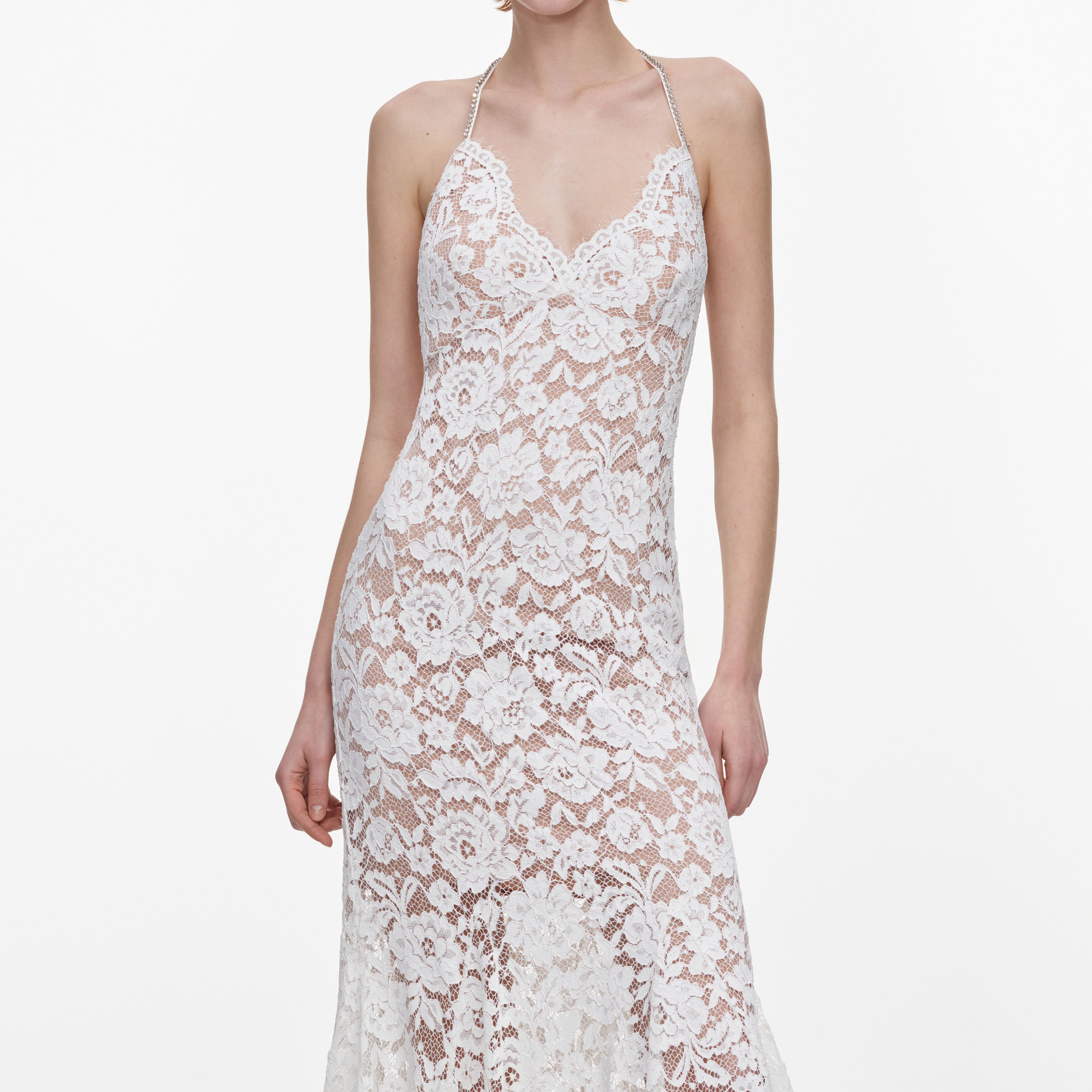 White Fine Lace Feather Maxi Dress