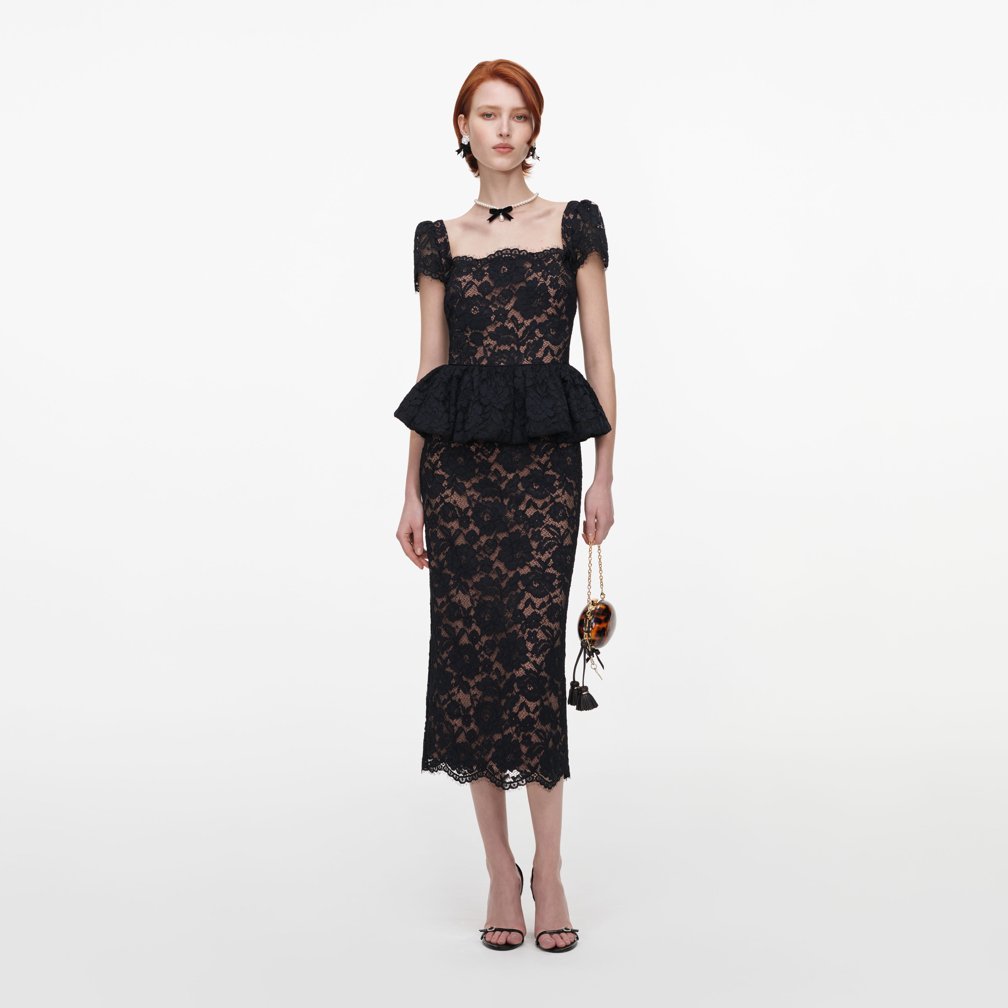 Black Fine Lace Peplum Midi Dress