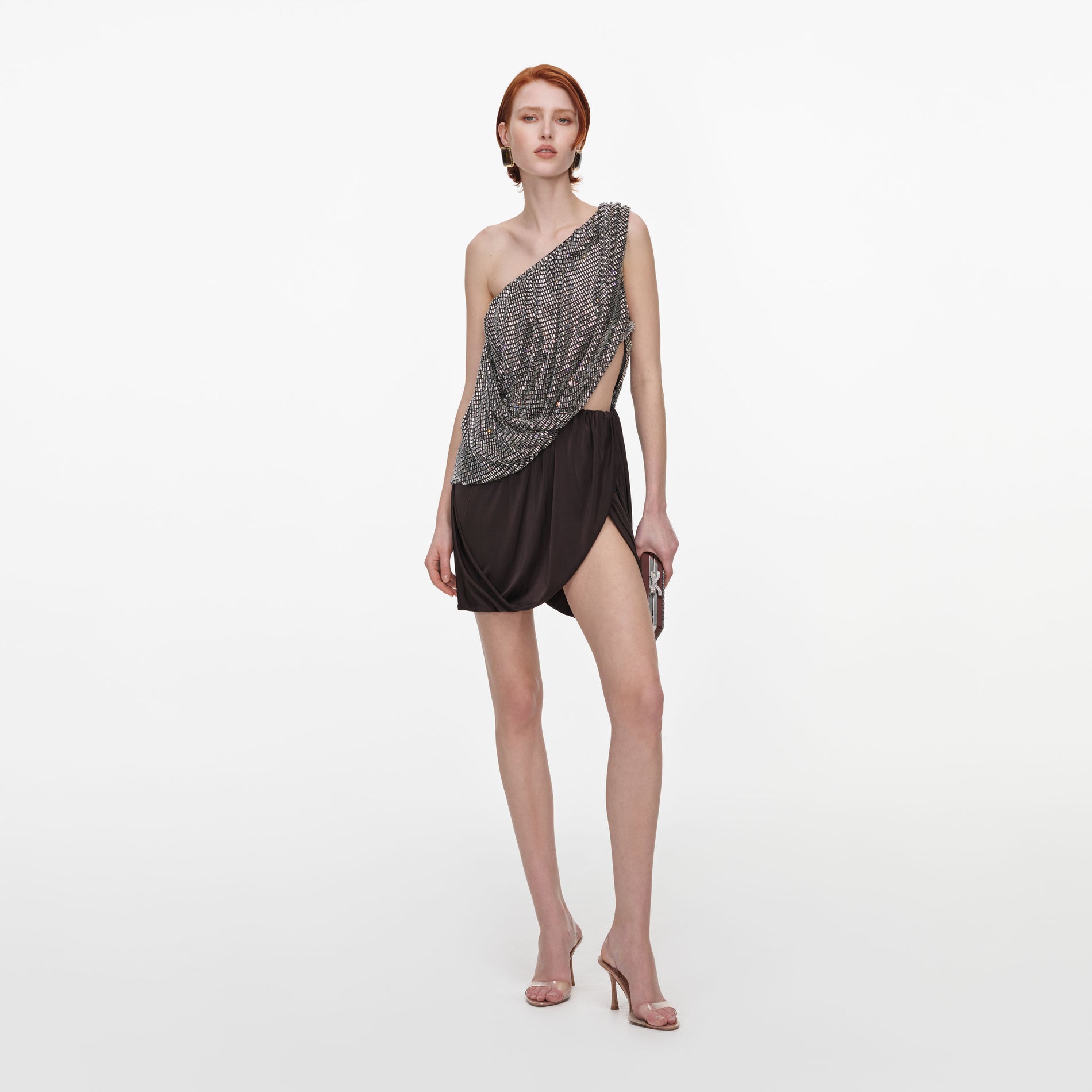 Rhinestone One Shoulder Drape Mini Dress