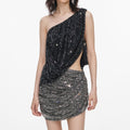 Black Rhinestone One Shoulder Drape Top
