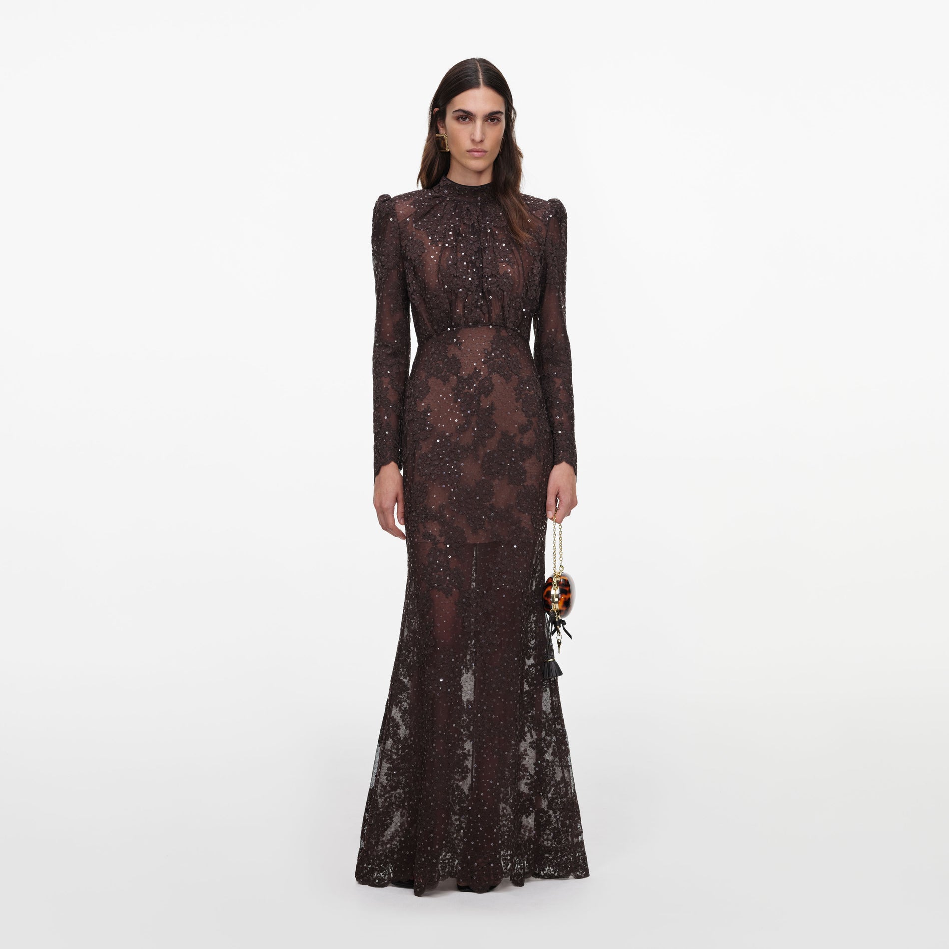 Front view of a woman wearing the Brown Sequin Lace Maxi Dress