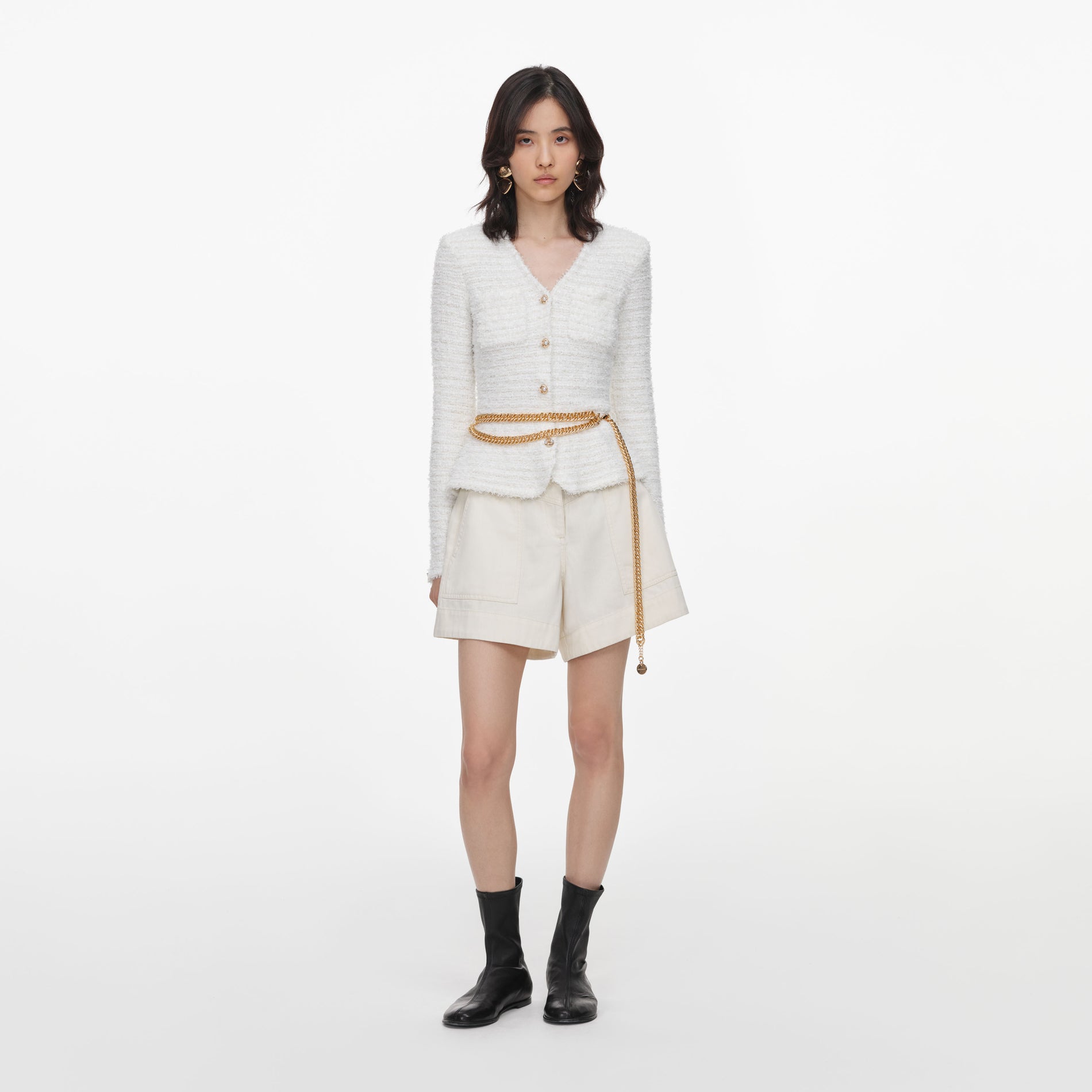 Front view of a woman wearing the Cream Textured Knit Cardigan